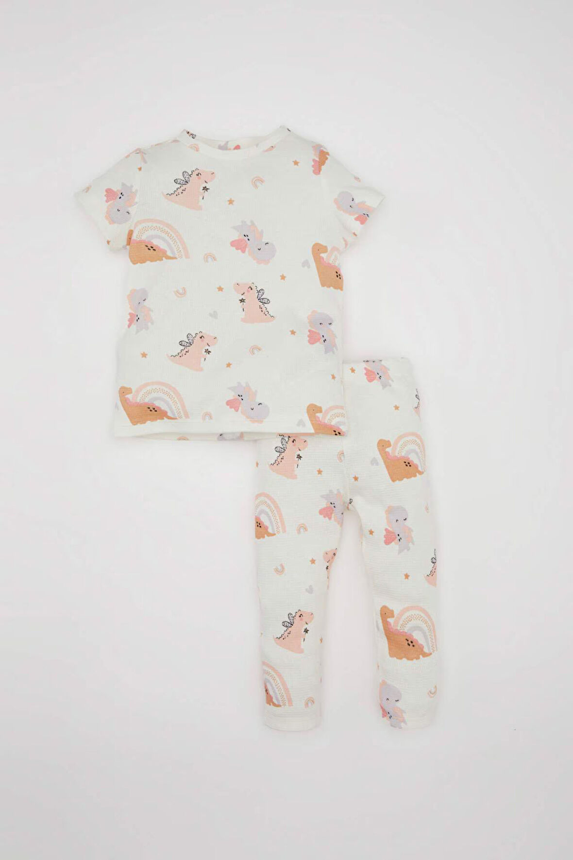 Kız Bebek Pijama Takımı Waffle  Dinazor Desenli Kısa Kollu Üst Uzun Alt