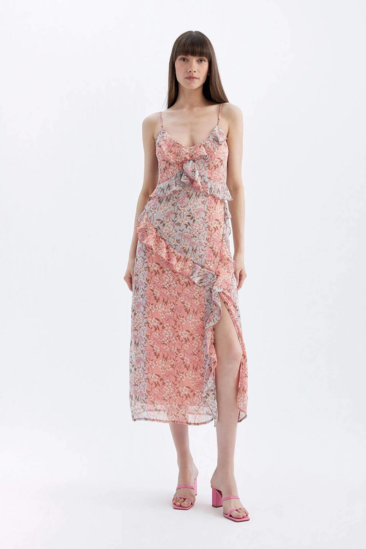 DeFacto Babydoll V Yaka Desenli Askılı Maxi Elbise D1328AX24SMPN255