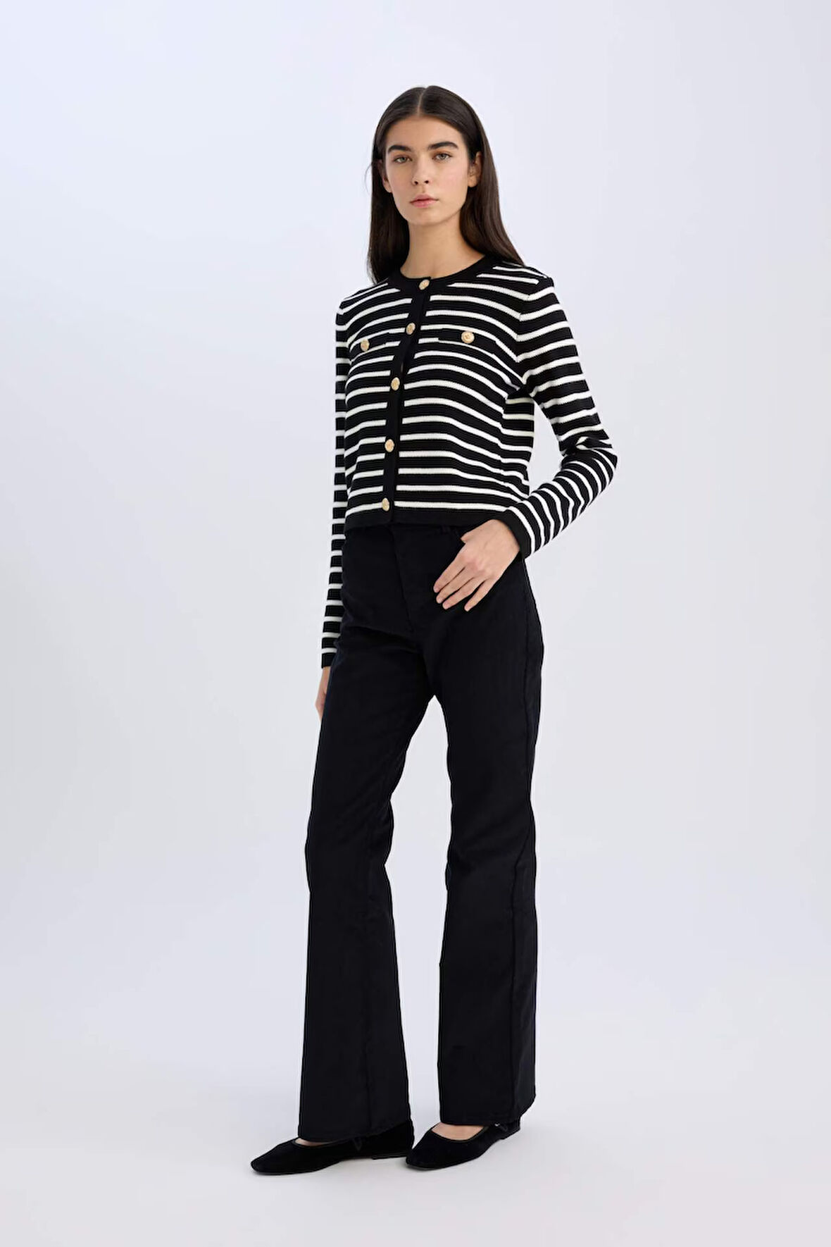DeFacto Flare Fit Kadife Kışlık Pantolon Cepli Yüksek Bel İspanyol Paça Fitilli S0612AZ24WNBK81