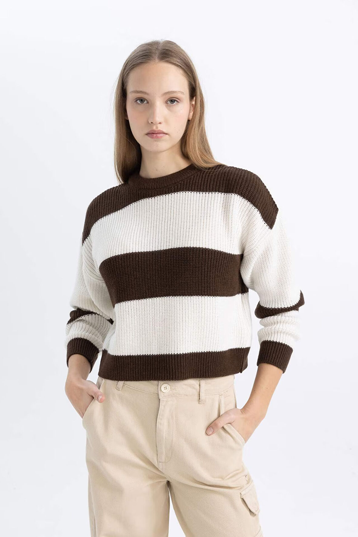 DeFacto Coool Oversize Fit Bisiklet Yaka Çizgili Triko Kazak X4931AZ24WNBN540
