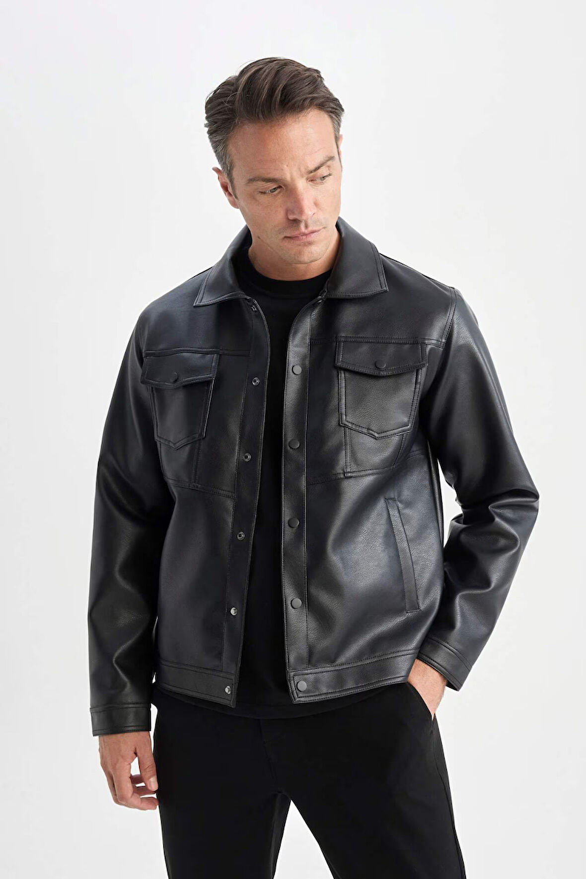 Su İtici Slim Fit Çıtçıtlı Mont Dar Kesim Suni Deri Gömlek Yaka Cepli
