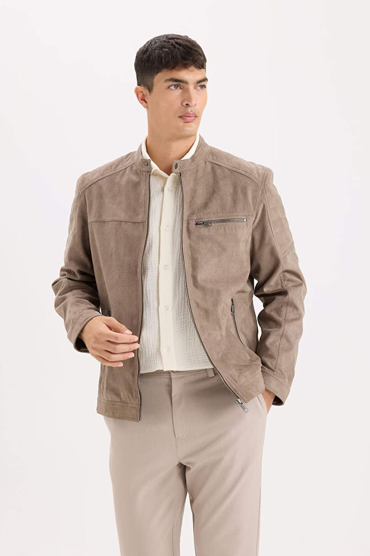 Slim Fit Dar Kesim Dik Yaka Fermuarlı Süet Görünümlü Mont