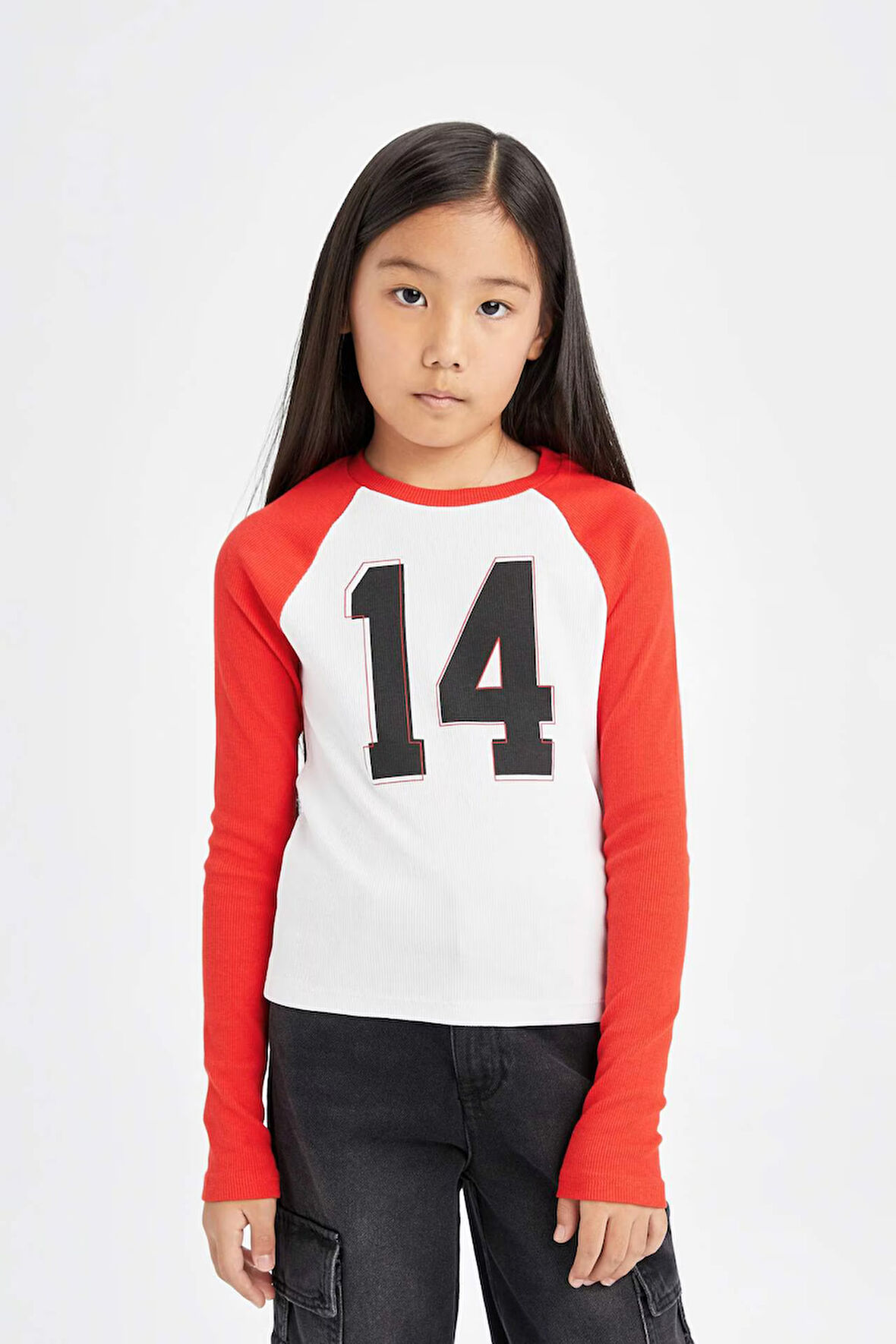 DeFacto Kız Çocuk Bisiklet Yaka Sayı Desenli Fitilli Kaşkorse Uzun Kollu Tişört D6499A8NSWT34