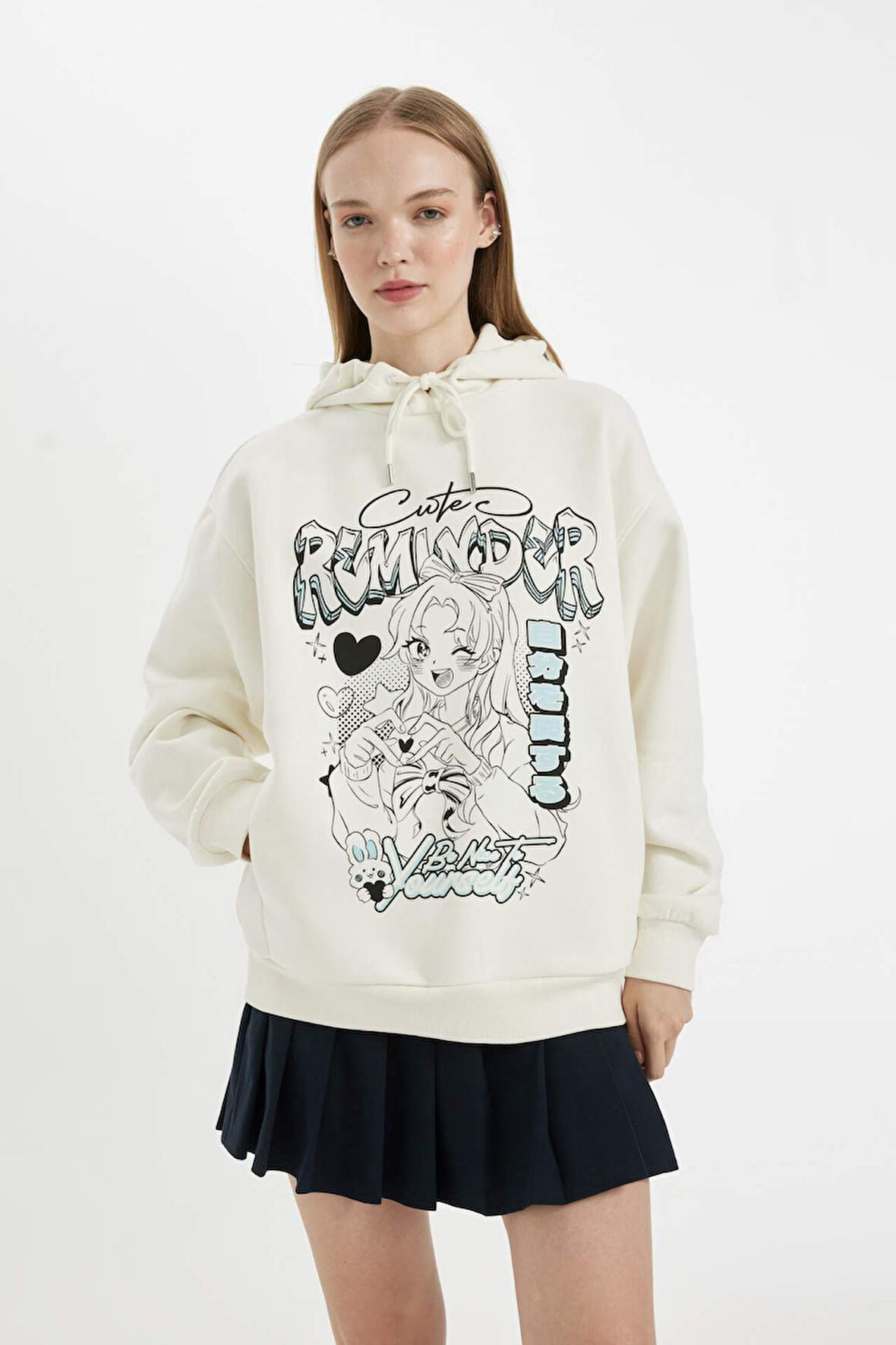 DeFacto Coool Oversize Geniş Kalıp Kapüşonlu Baskılı Kalın Sweatshirt C7859AX24WNWT32