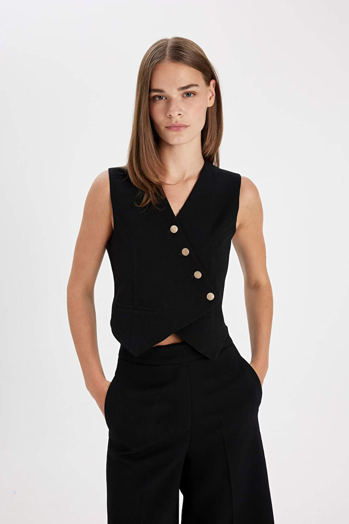 Asimetrik V Yaka Çizgili Blazer Yelek