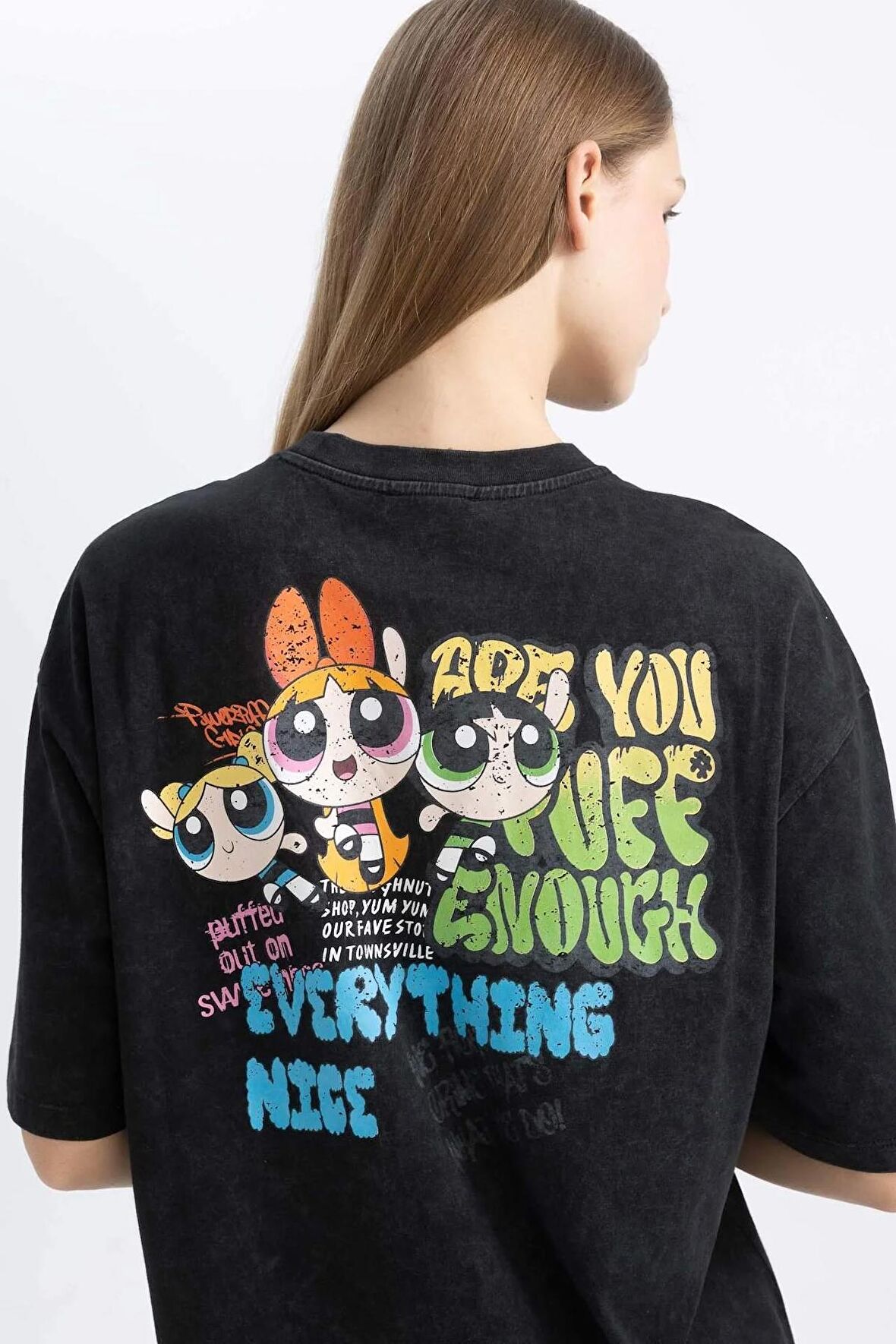 DeFacto Coool PowerPuff Girls Oversize Geniş Kalıp Bisiklet Yaka Penye Mini Tişört Elbise C3504AX24SMBK81