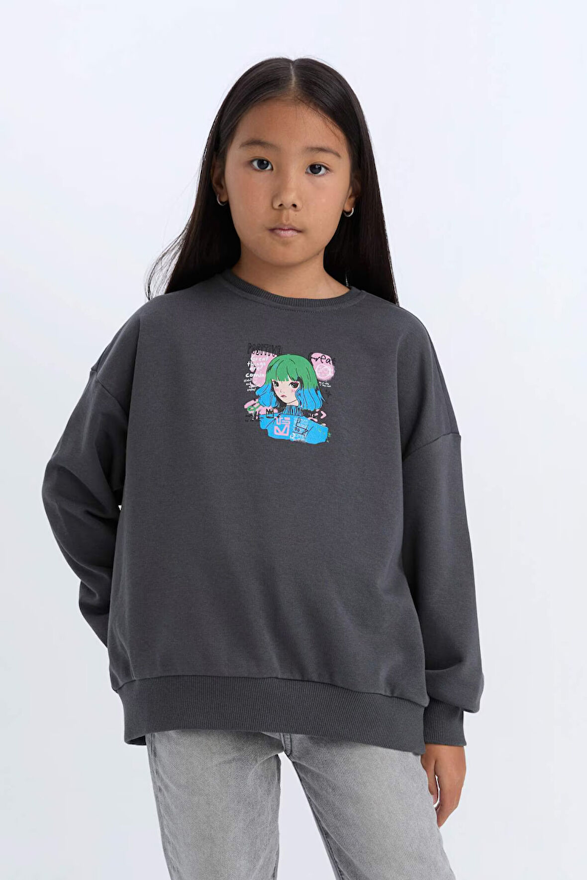 DeFacto Kız Çocuk Relax Fit Bisiklet Yaka Baskılı Sweatshirt D6495A8NSAR15