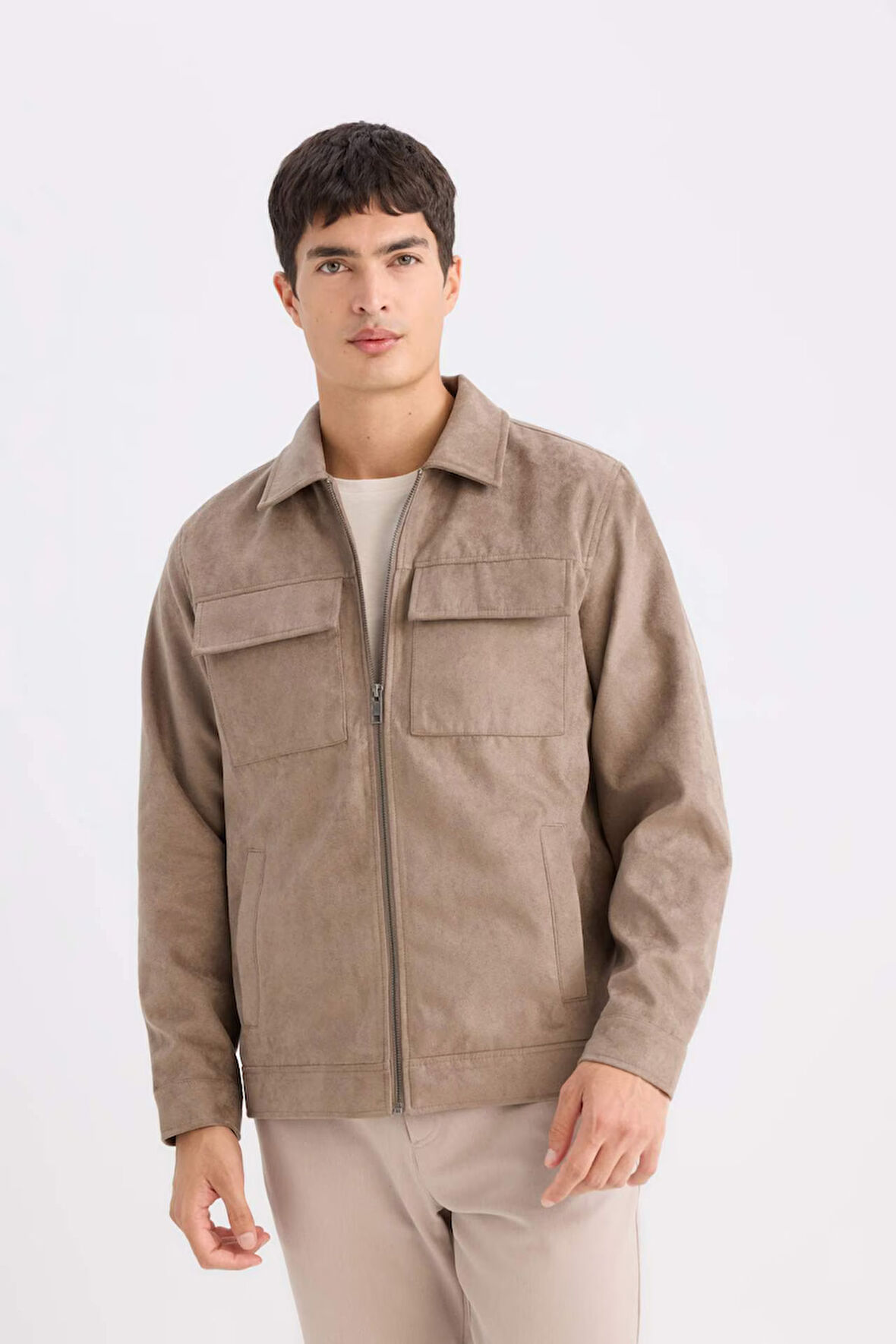 Slim Fit Dar Kesim Gömlek Yaka Fermuarlı Mont