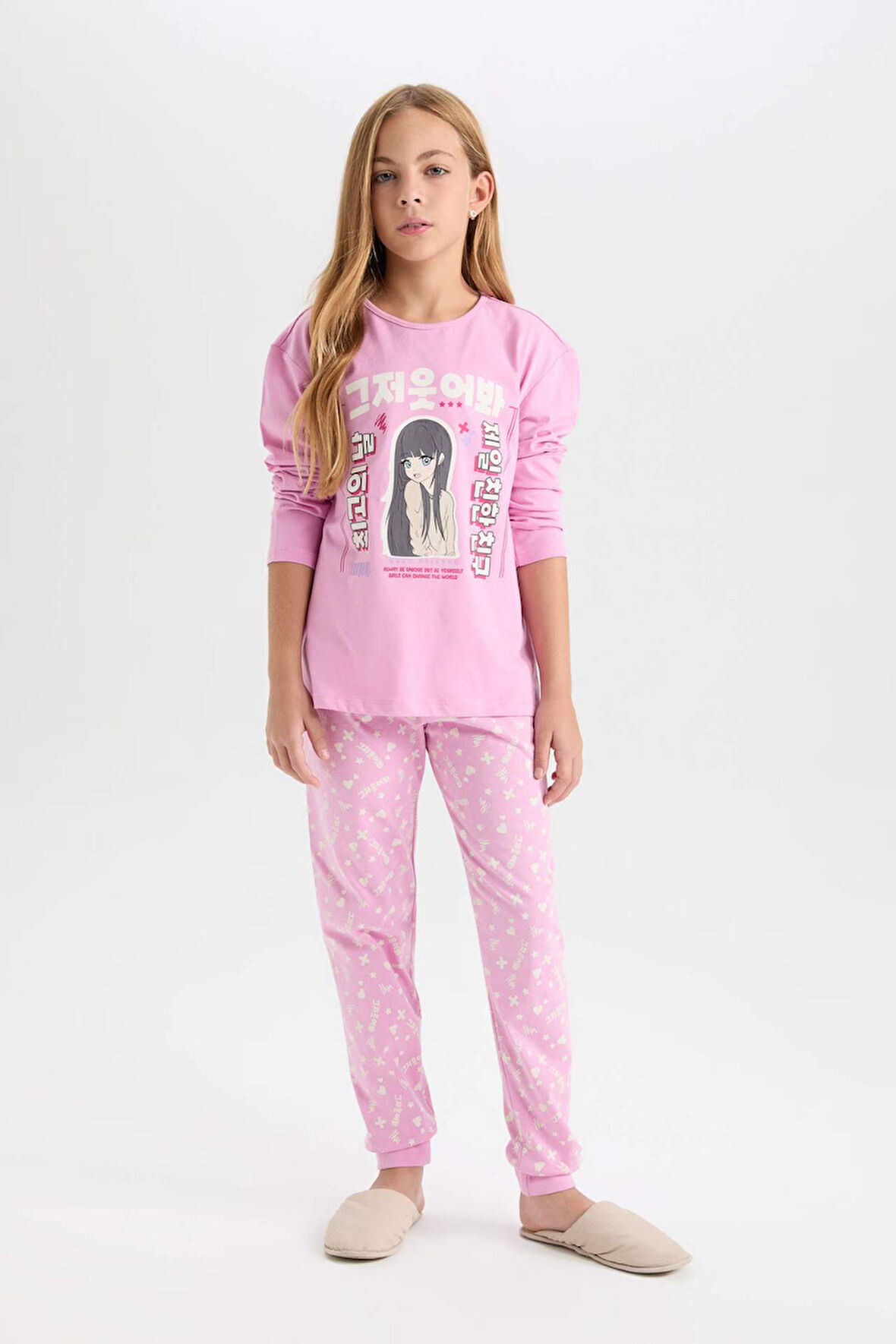 DeFacto Kız Çocuk Pijama Takımı Baskılı Uzun Kollu Üst Uzun Alt D8191A8NSPN444