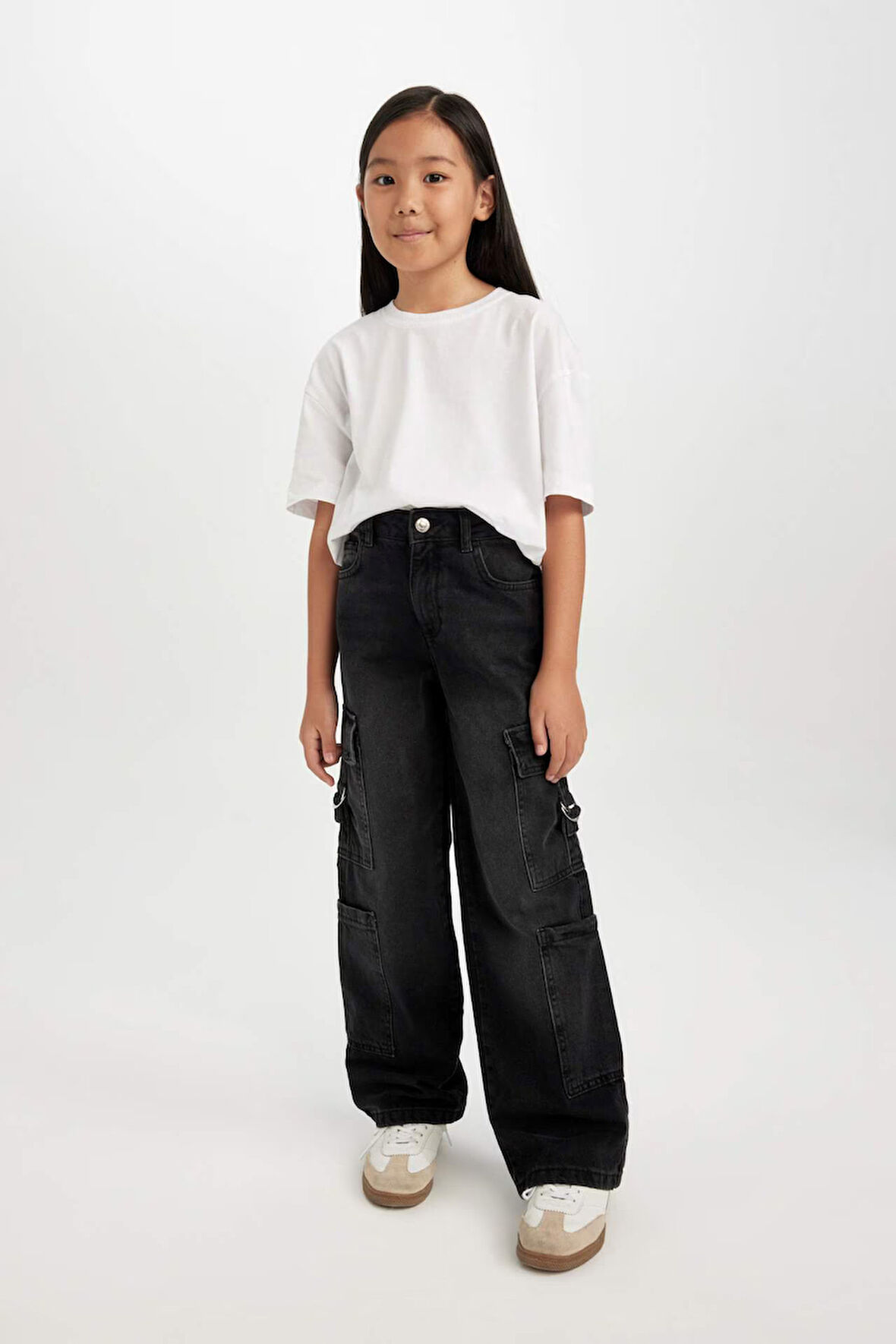 DeFacto Kız Çocuk Wide Leg Kargo Cepli Geniş Bol Paça Antrasit Jean Pantolon D7177A824WNNM36