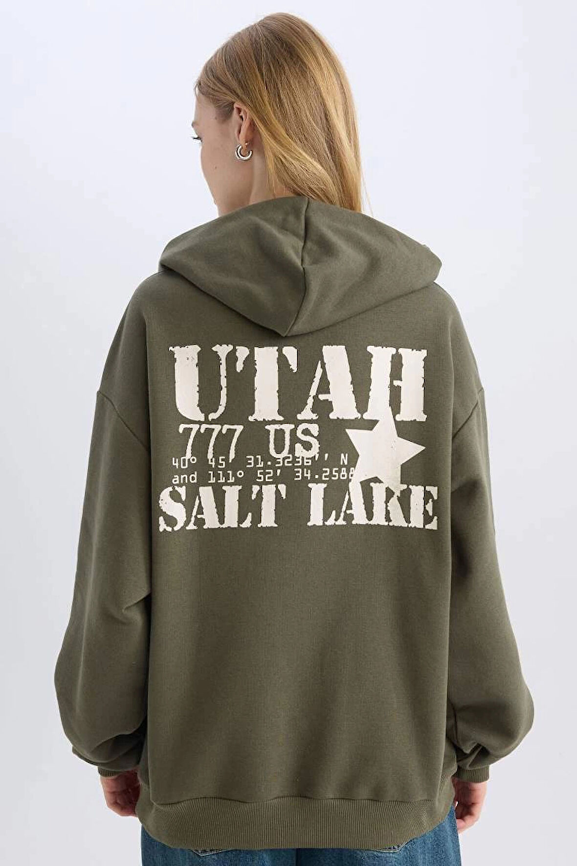 D6751 Coool Oversize Geniş Kalıp Kapüşonlu Sırt Baskılı Kalın Sweatshirt