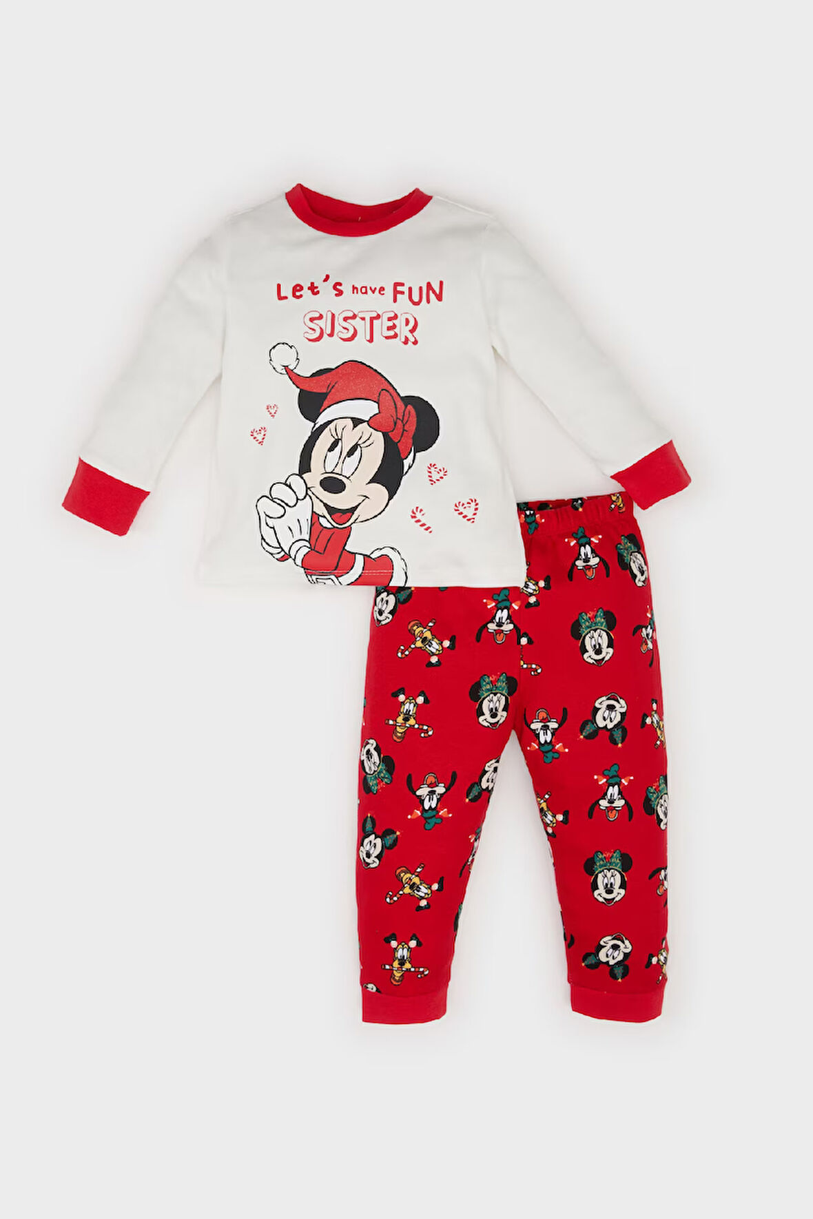 DeFacto Kız Bebek Disney Mickey & Minnie Yılbaşı Temalı Pijama Takımı Bisiklet Yaka Uzun Kollu Üst Beli Lastikli Alt D7162A524WNRD79