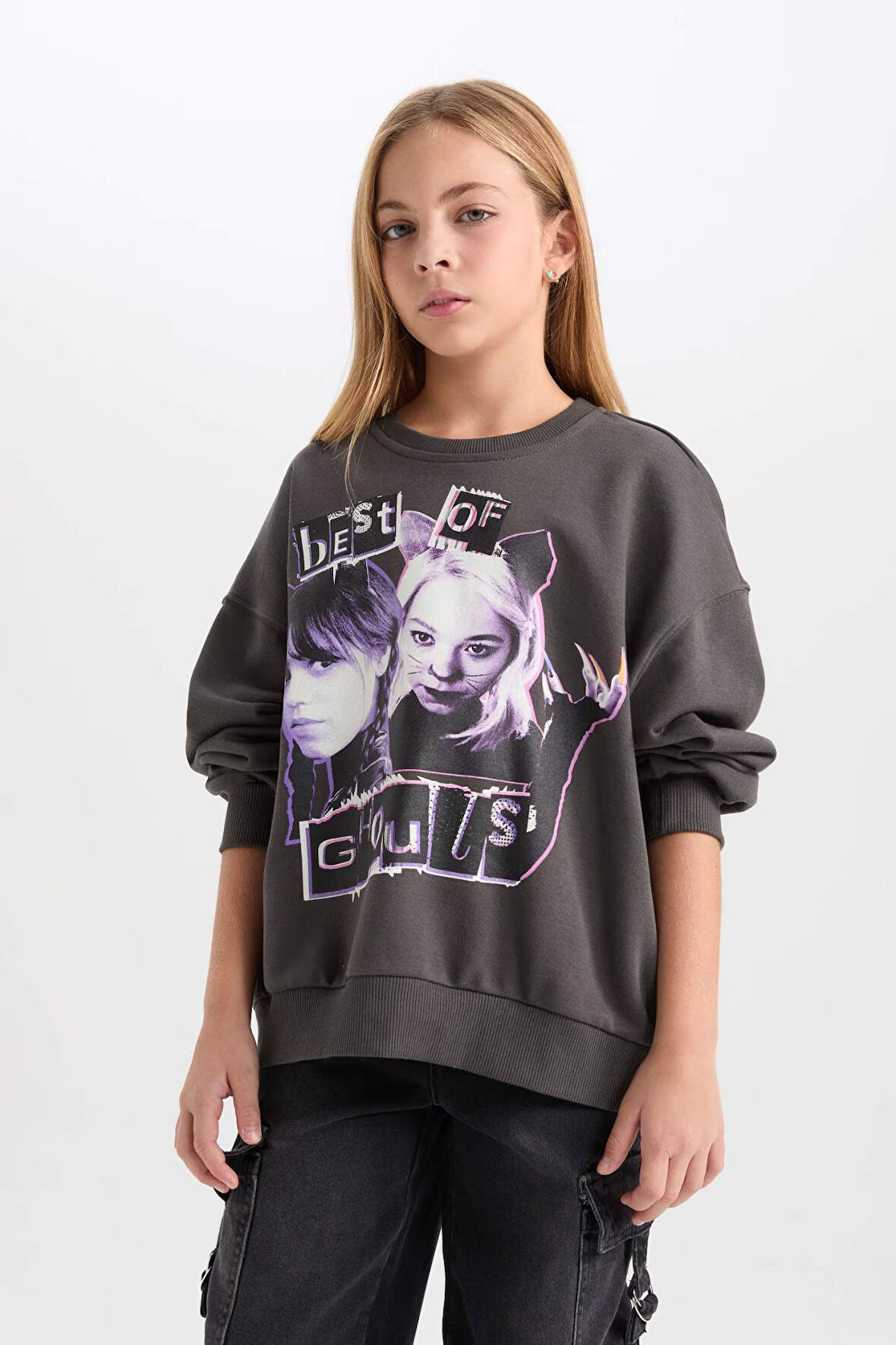 Kız Çocuk Wednesday Oversize Fit Bisiklet Yaka Sweatshirt