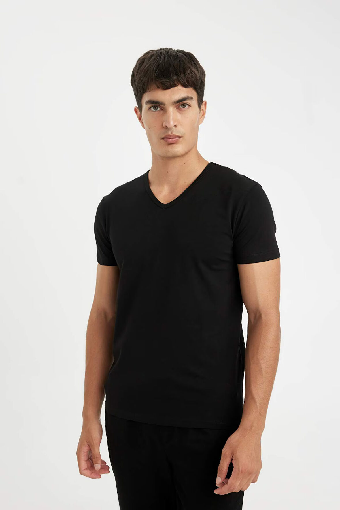 DeFacto Slim Fit Dar Kesim V Yaka Kısa Kollu Pijama Üstü L4884AZ24WNBK81