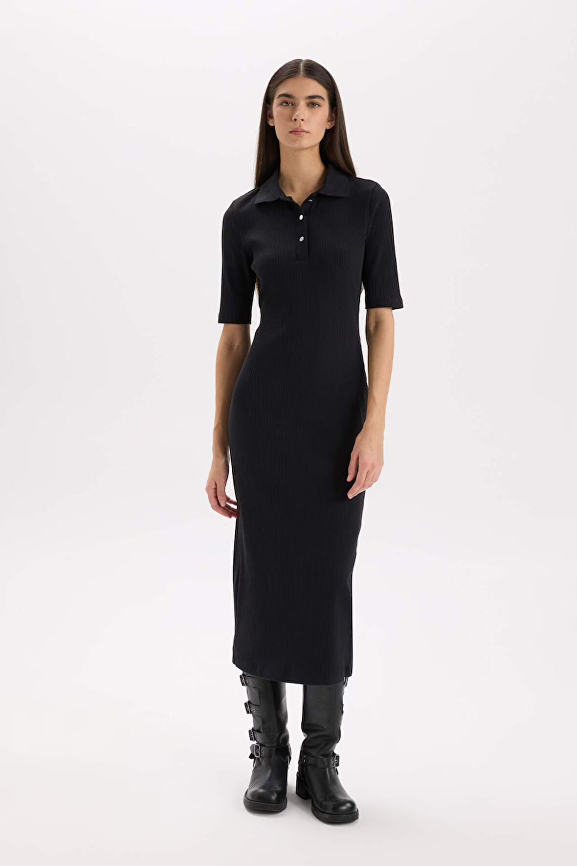 Bodycon Vücudu Saran Polo Yaka Fitilli Kaşkorse Kısa Kollu Midi Elbise