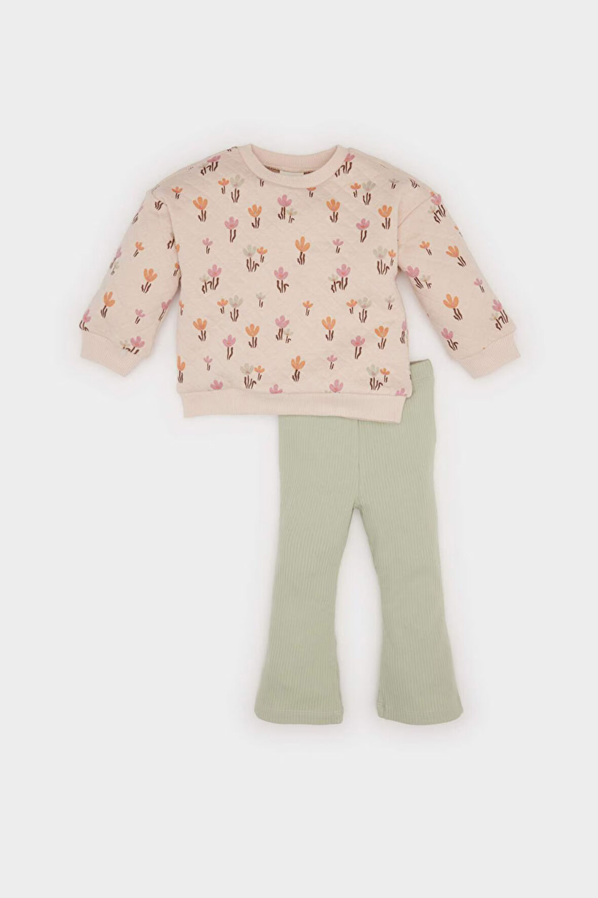 DeFacto Kız Bebek 2'li Takım Bisiklet Yaka Çiçekli Kapitone Sweatshirt İspanyol Paça Tayt D7254A524WNER120