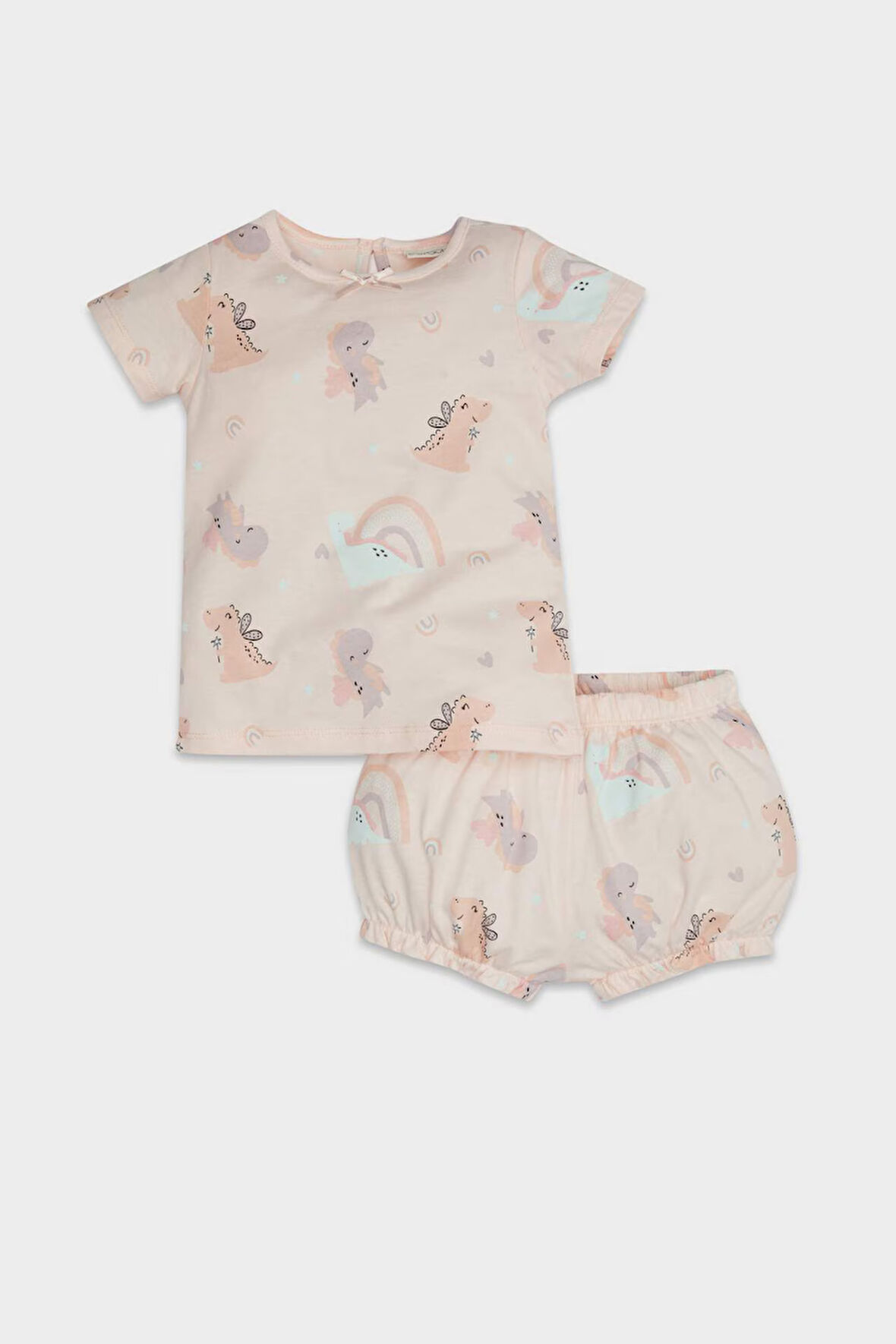 DeFacto Kız Bebek Pijama Takımı Dinazor Baskılı Kısa Kollu Penye Üst Beli Lastikli Şort D8295A5NSPN262