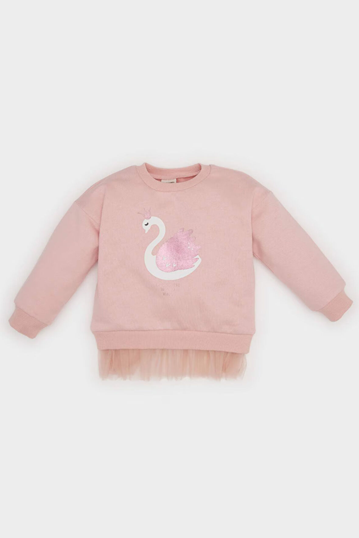 Kız Bebek Bisiklet Yaka Baskılı İçi Yumuşak Tüylü Etek Ucu Detaylı Sweatshirt