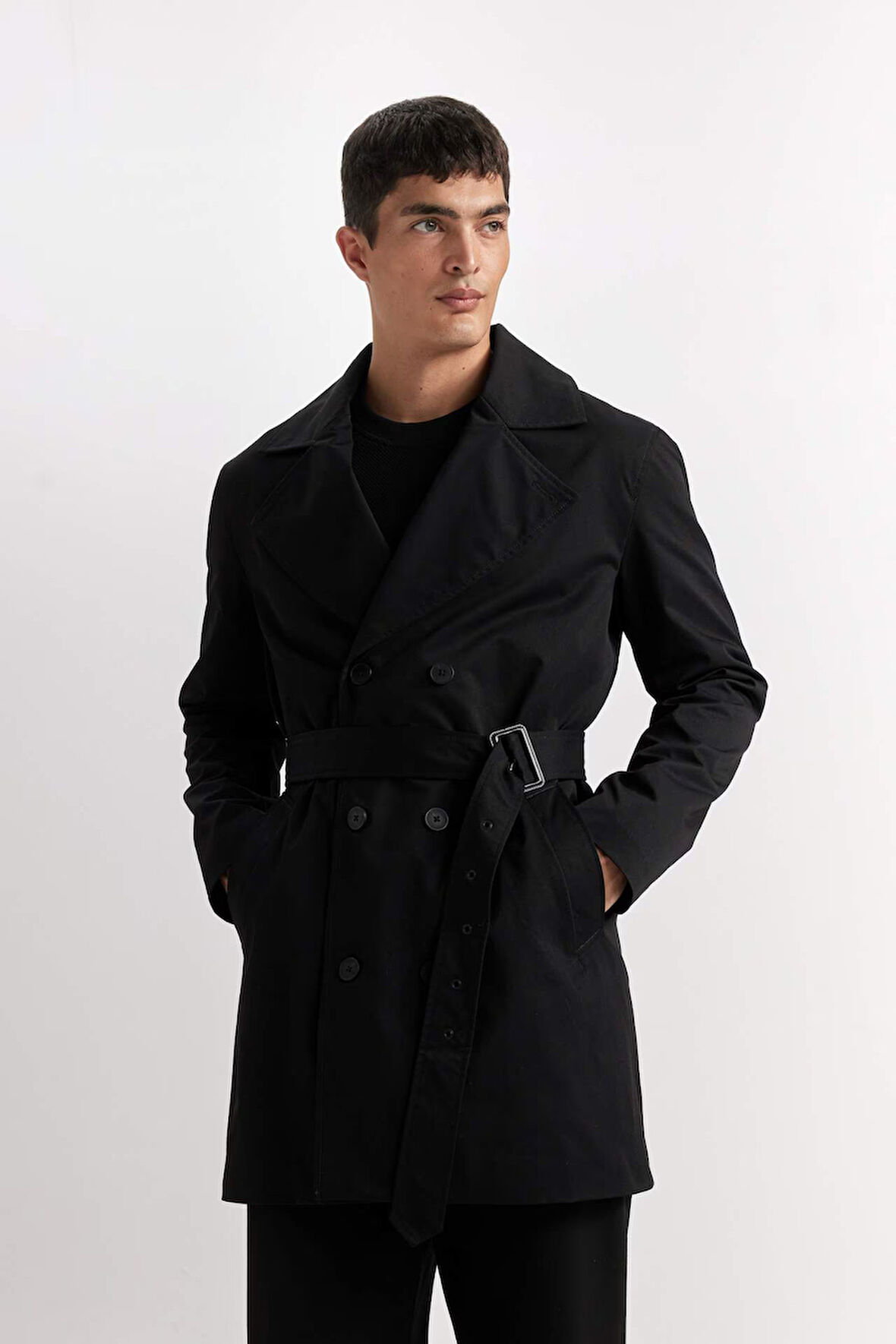 Slim Fit Dar Kesim Düğmeli Kemerli Trençkot