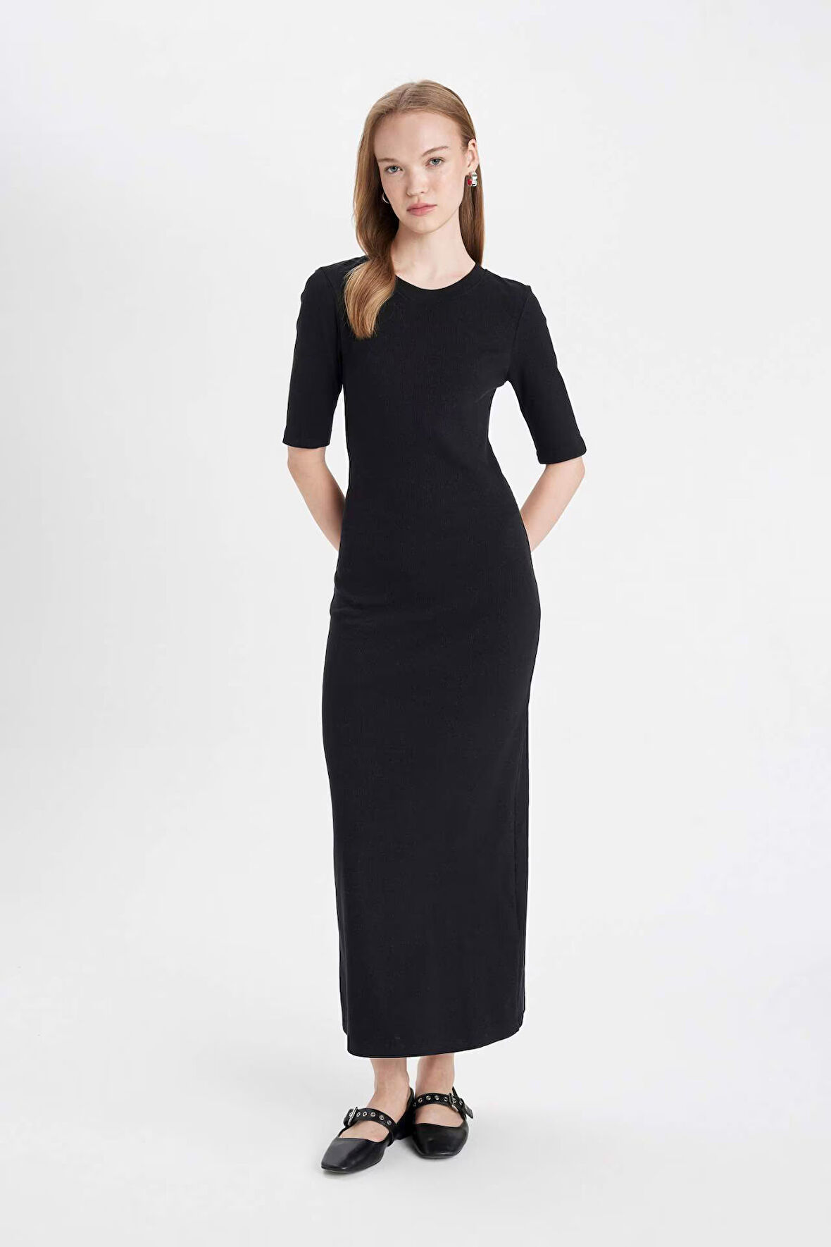 DeFacto 	Bodycon Vücuda Oturan Bisiklet Yaka Basic Düz Fitilli Kaşkorse Kısa Kollu Maxi Elbise D8623AX24AUBK81