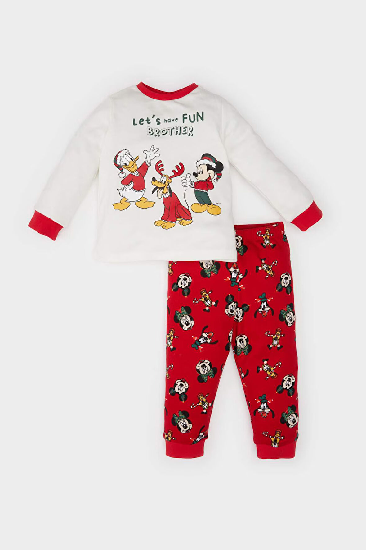 DeFacto Erkek Bebek Disney Mickey & Minnie Yılbaşı Temalı Pijama Takımı Bisiklet Yaka Uzun Kollu Üst Beli Lastikli Uzun Alt D7141A524WNRD79