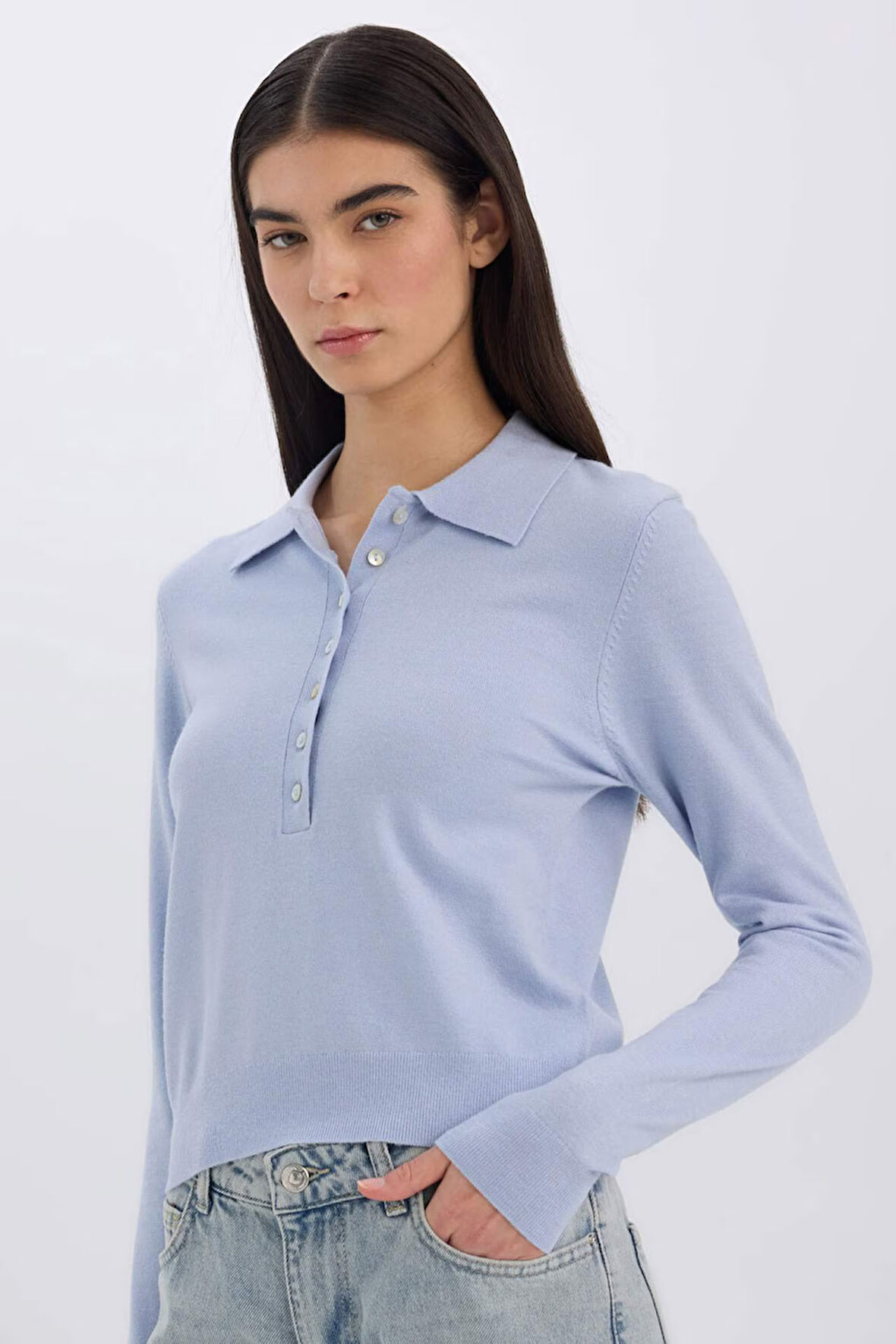 Regular Fit Polo Yaka Basic Düz Triko Kazak