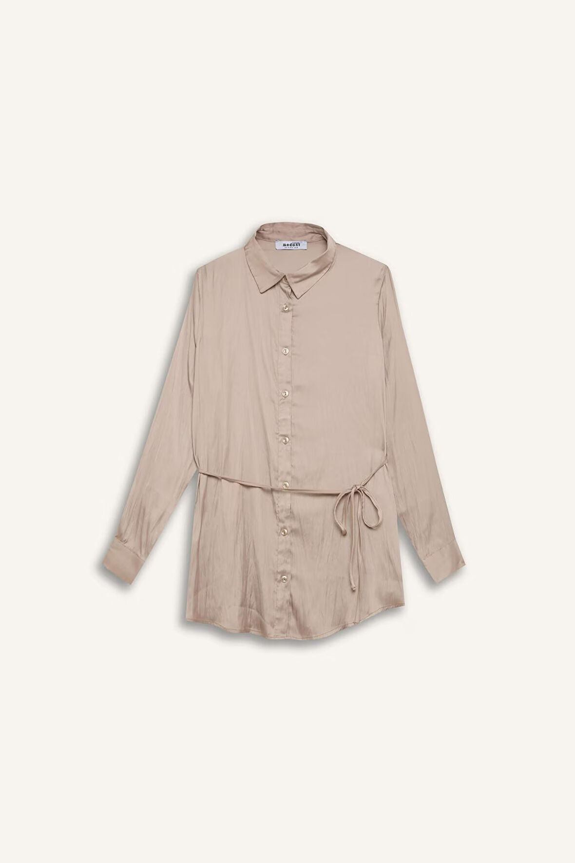 DeFacto Relax Fit Gömlek Yaka Basic Düz Saten Beli Bağcıklı Uzun Kollu Gömlek Tunik D7202AX24WNBG705