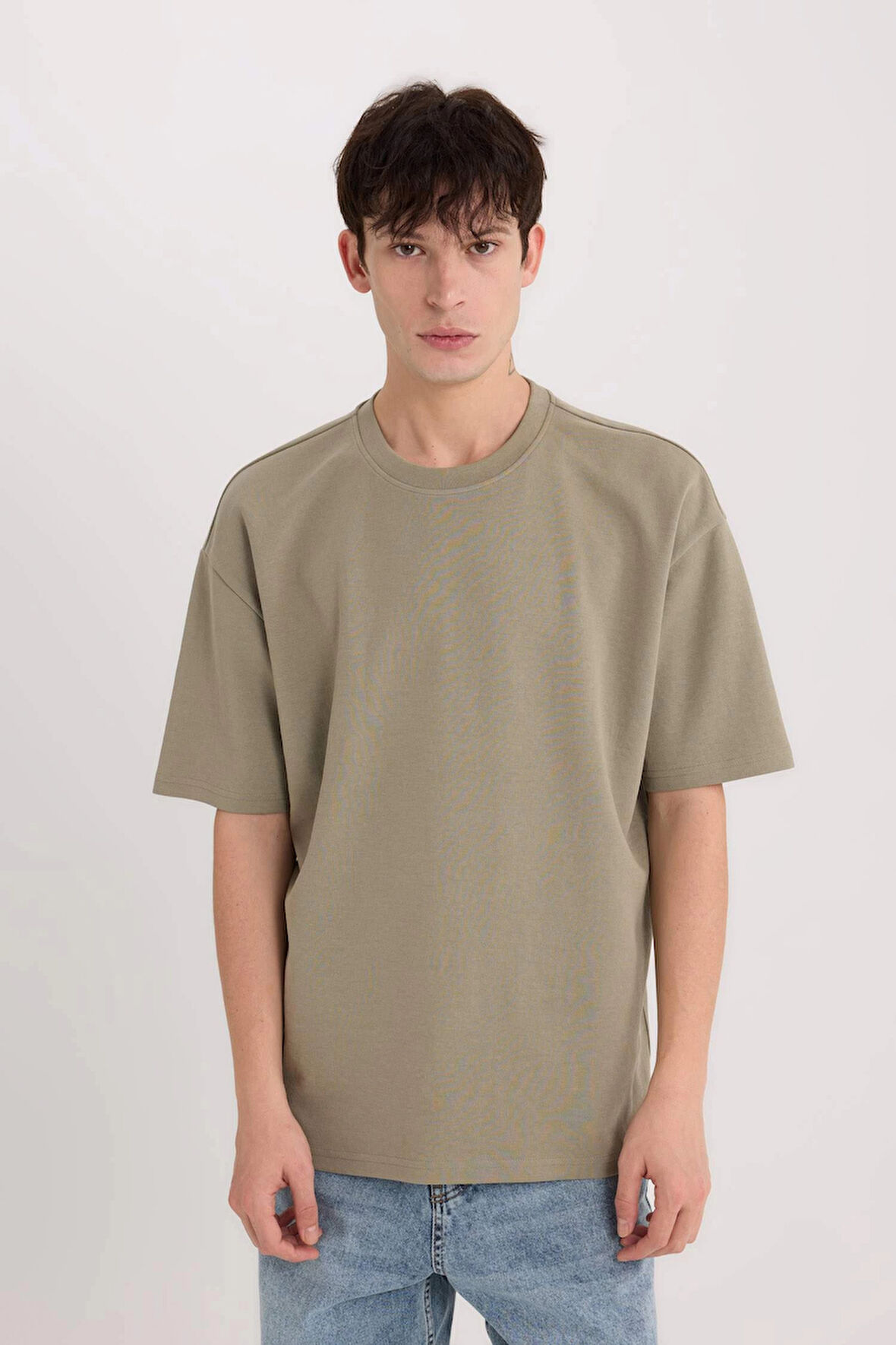 Defacto X3926 Haki Oversize Geniş Kalıp Bisiklet Yaka Kısa Kollu Ağır Kumaş Tişört