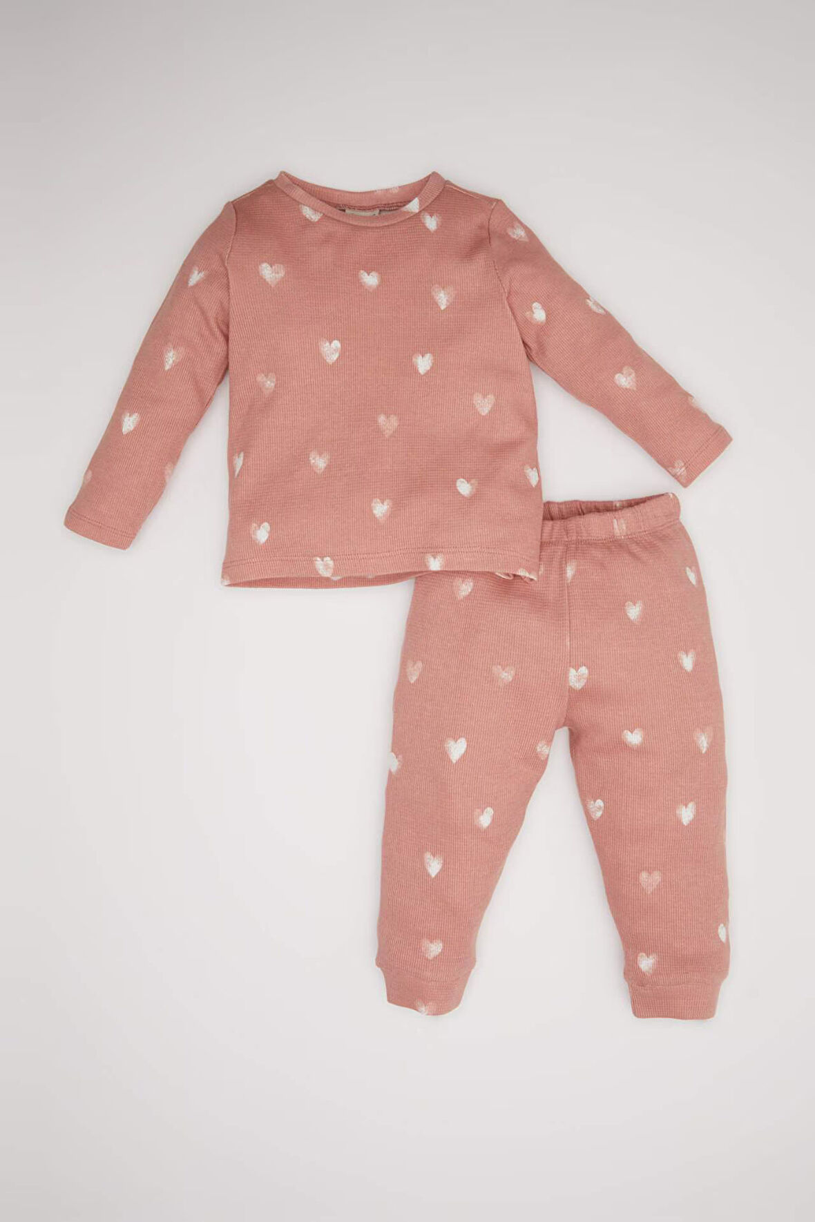 DeFacto Kız Bebek Pijama Takımı Kalp Desenli Uzun Kollu Waffle Üst Beli Lastikli Uzun Alt D6797A5NSPN390