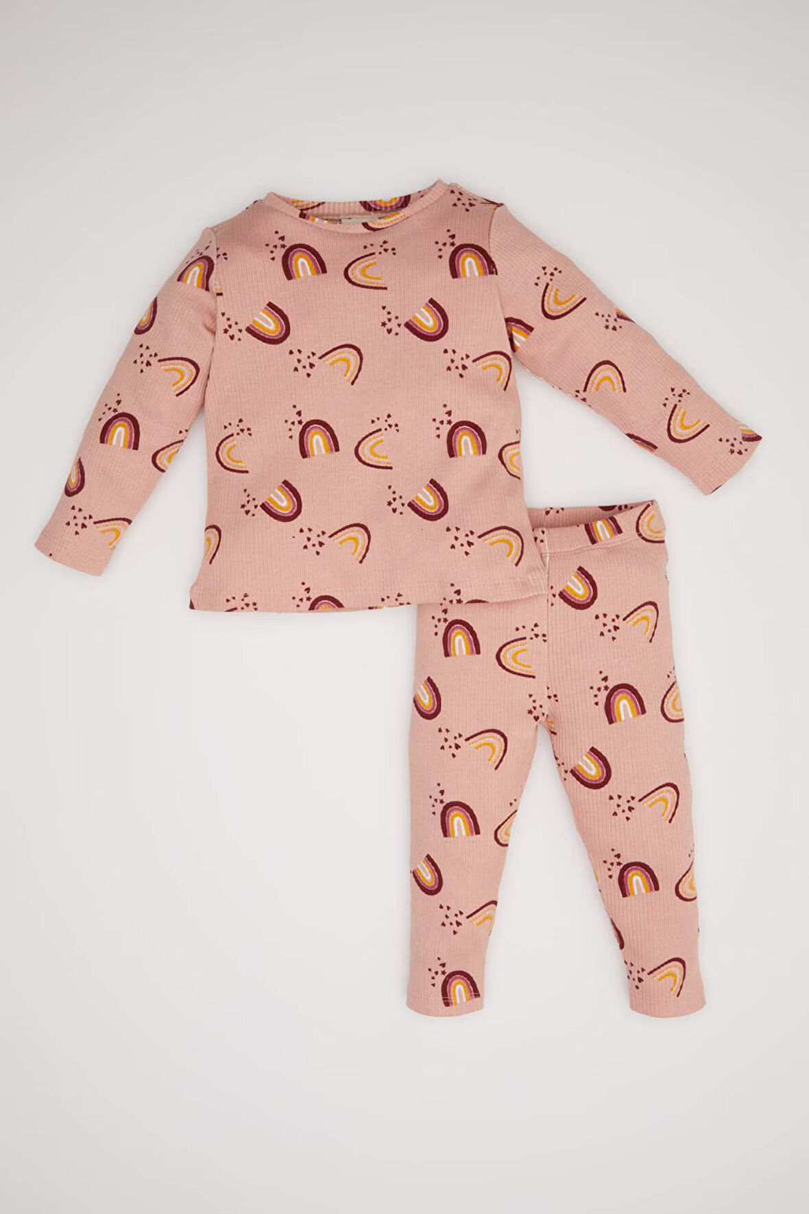 DeFacto Kız Bebek Pijama Takımı Gökkuşağı Baskılı Uzun Kollu Fitilli Kaşkorse Üst Beli Lastikli Uzun Alt D6801A5NSBR105