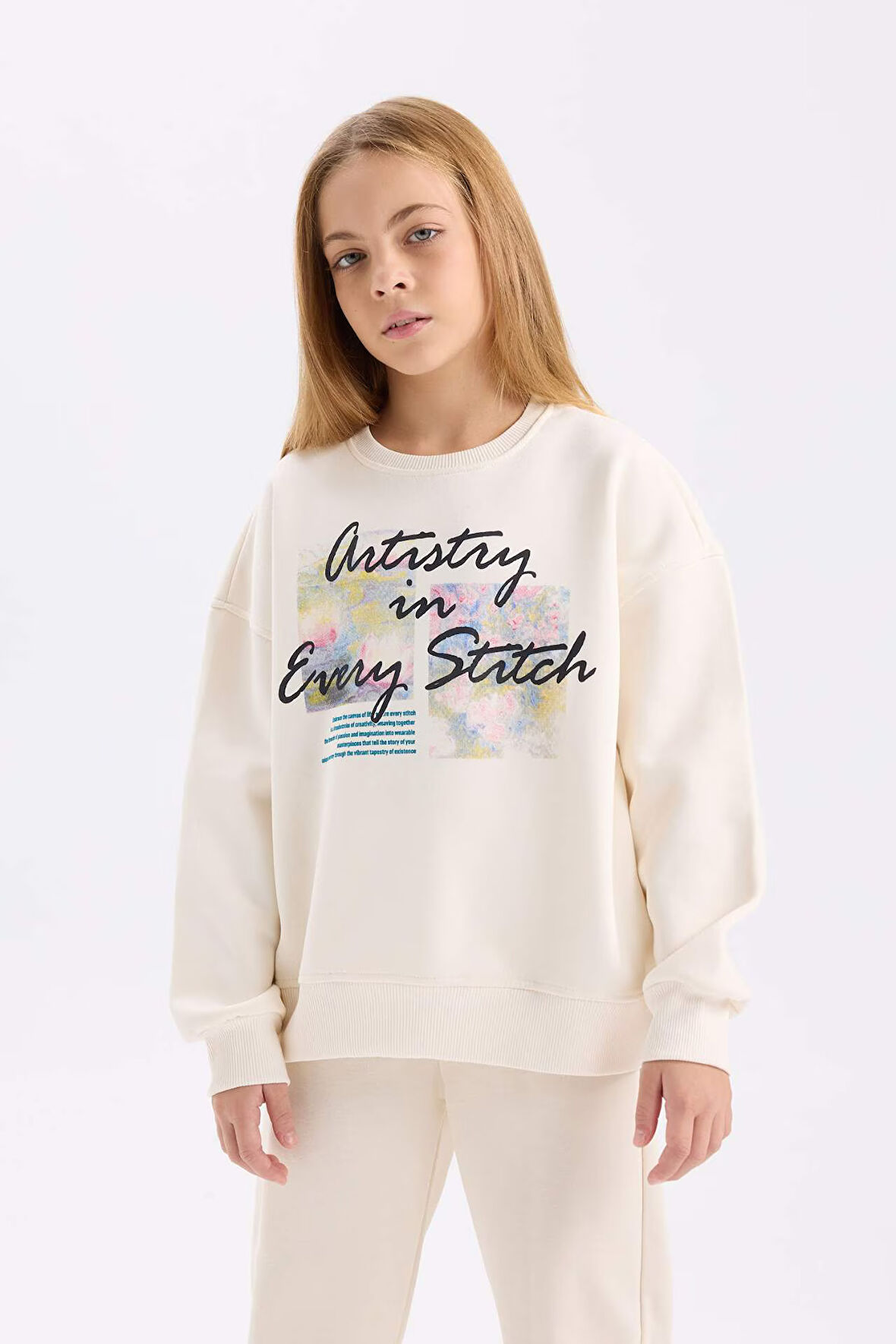 DeFacto Kız Çocuk Oversize Geniş Kalıp Bisiklet Yaka Baskılı İçi Yumuşak Tüylü Sweatshirt D4297A824WNER233