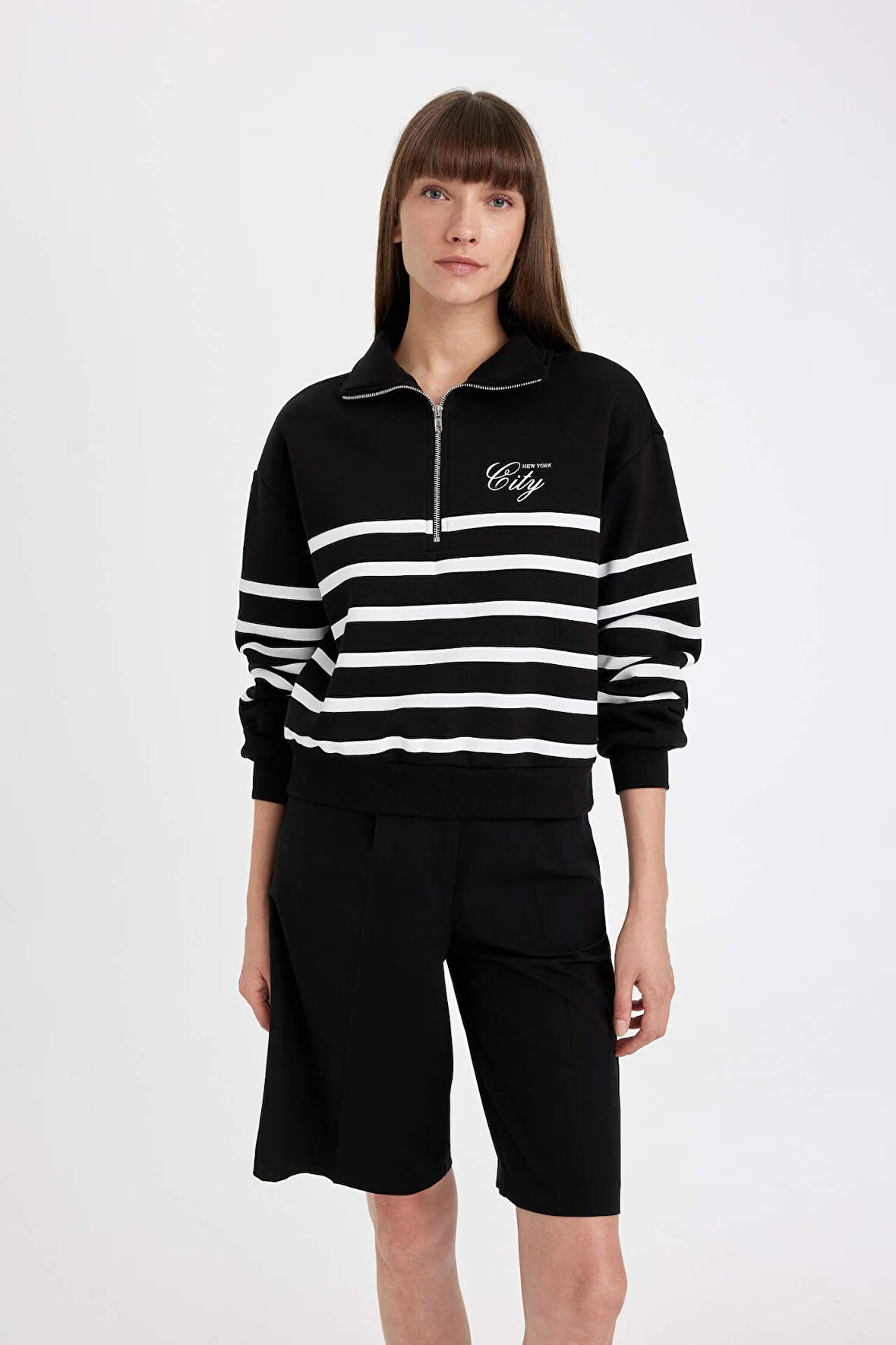 DeFacto Regular Fit Yarım Fermuarlı Dik Yaka Çizgili Kalın Sweatshirt D5297AX24AUBK81