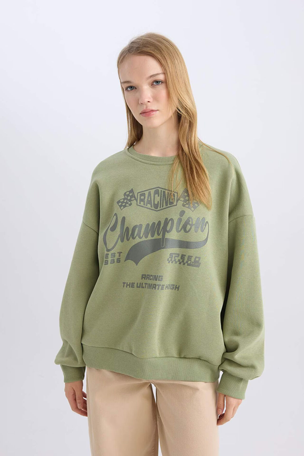 DeFacto Coool Oversize Geniş Kalıp Bisiklet Yaka Baskılı Kalın Sweatshirt D5384AX24AUKH461