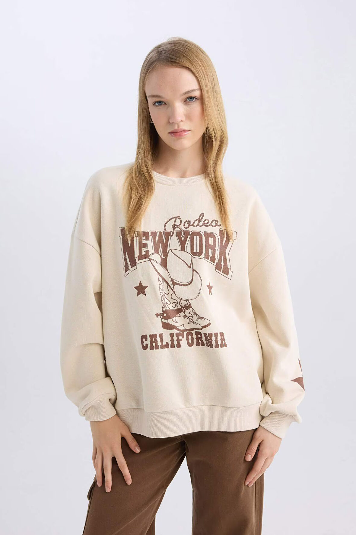 DeFacto Coool Oversize Geniş Kalıp Bisiklet Yaka Baskılı Kalın Sweatshirt D5306AX24AUER42