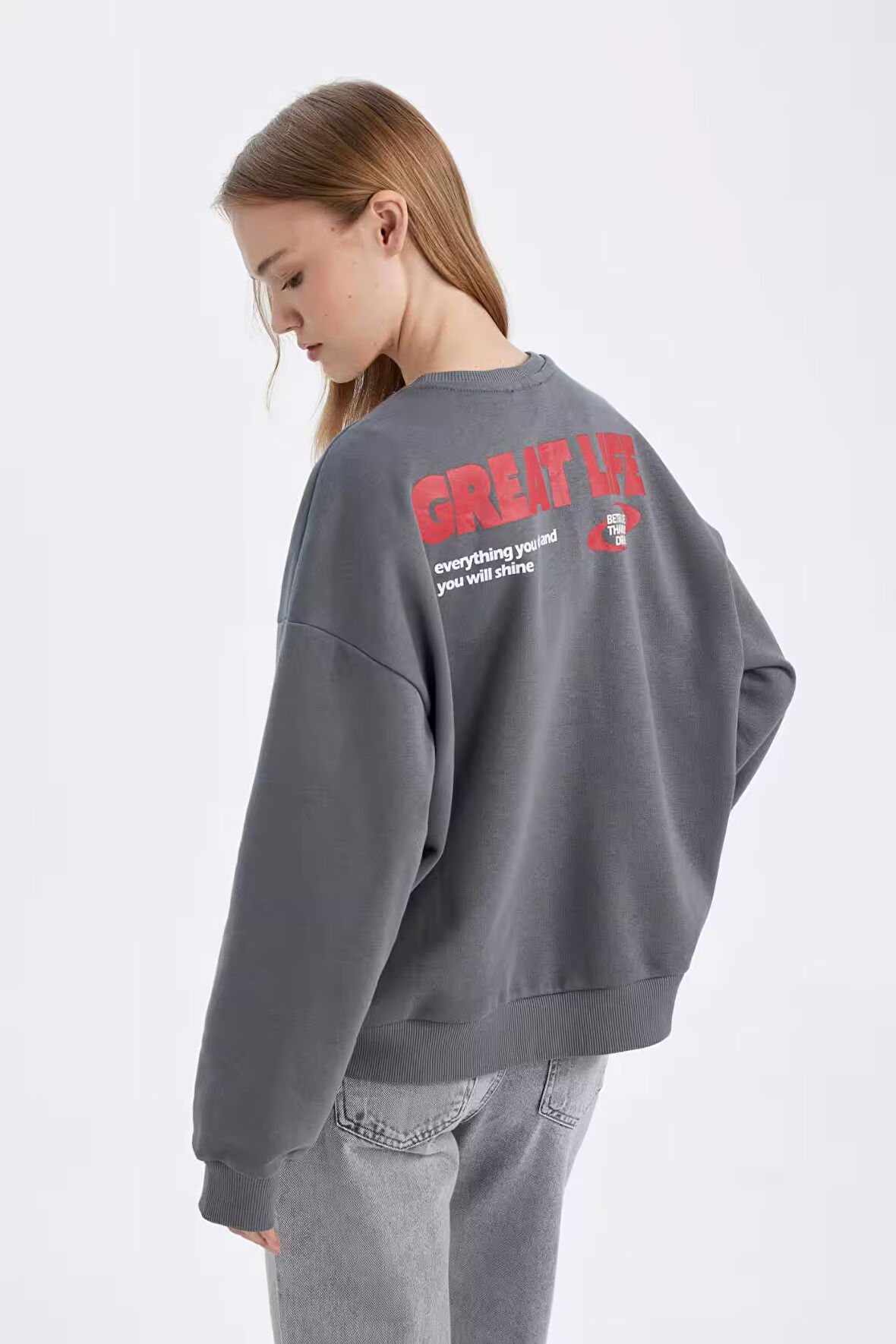 Loose Fit Bisiklet Yaka Baskılı Kalın Kumaş Sweatshirt