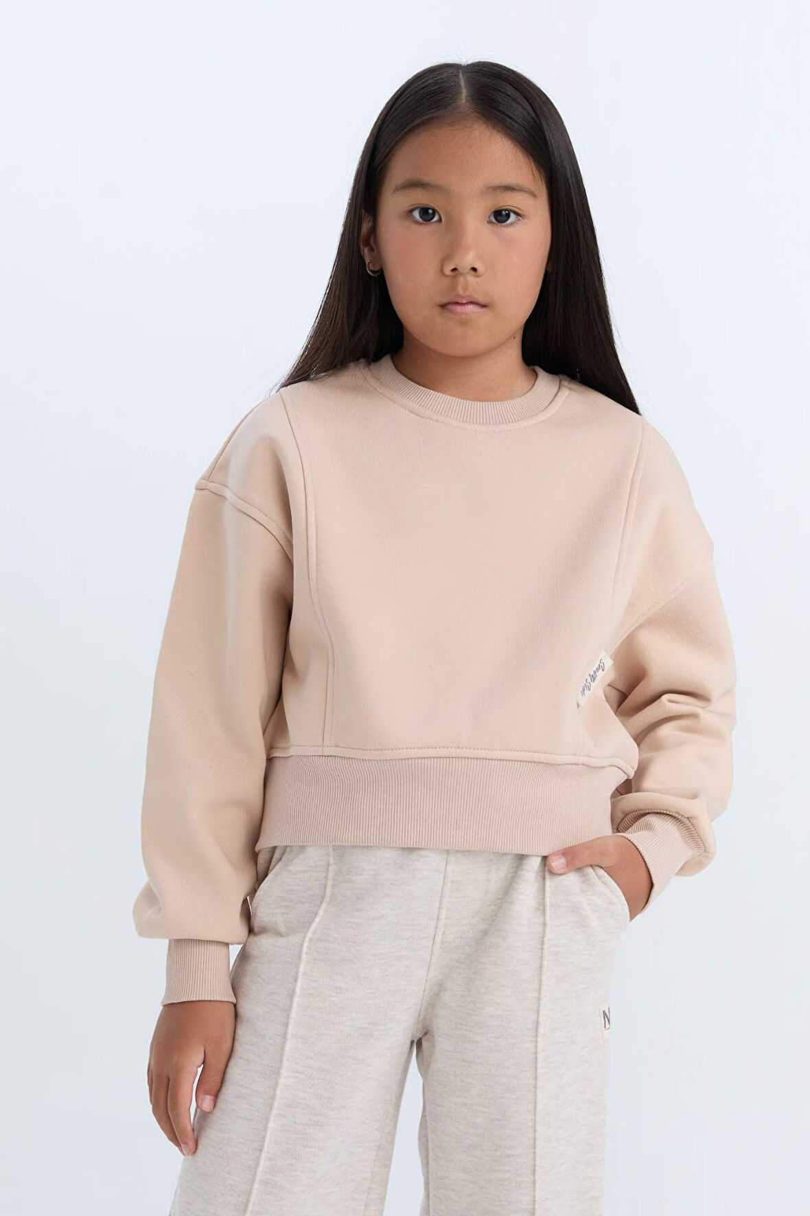 DeFacto Kız Çocuk Relax Fit Bisiklet Yaka Basic Düz İçi Yumuşak Tüylü Kalın Sweatshirt D4298A824WNBG390