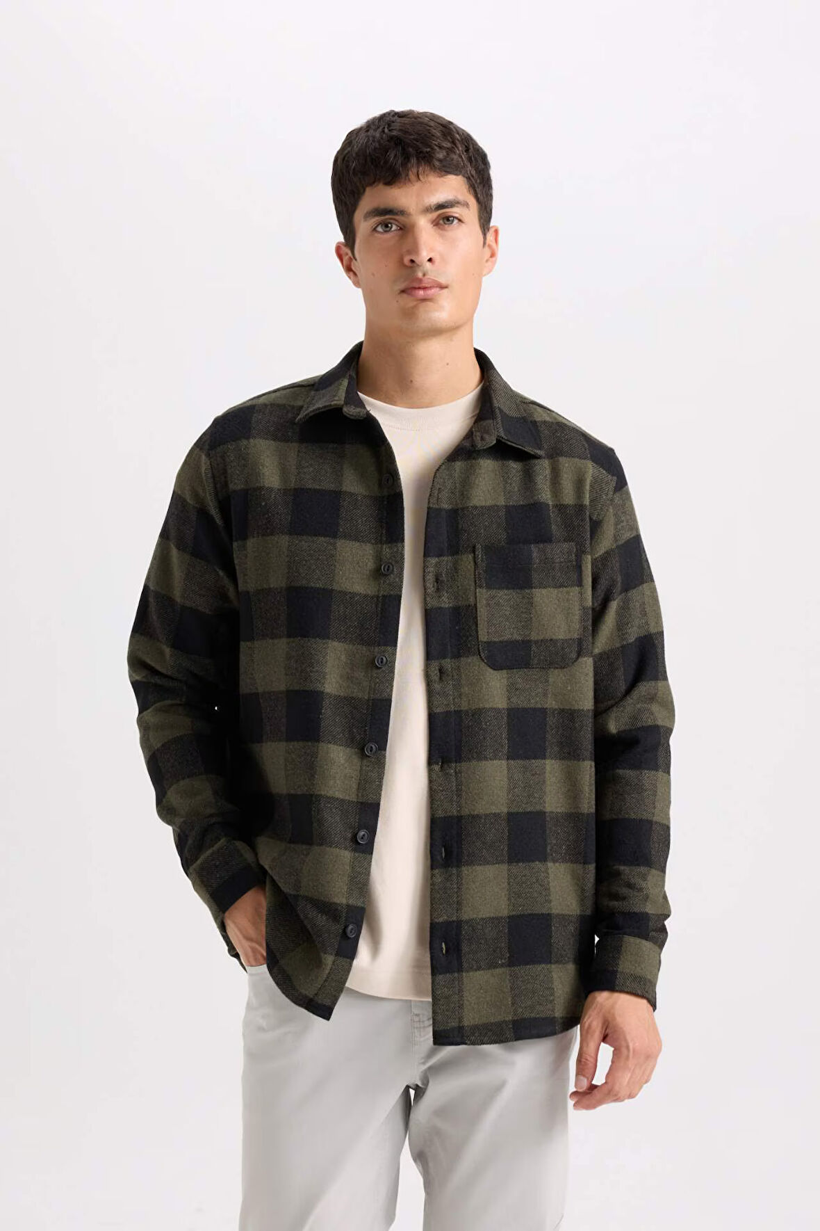DeFacto Regular Fit Polo Yaka Kareli Flanel Uzun Kollu Gömlek S1238AZ24AUKH206