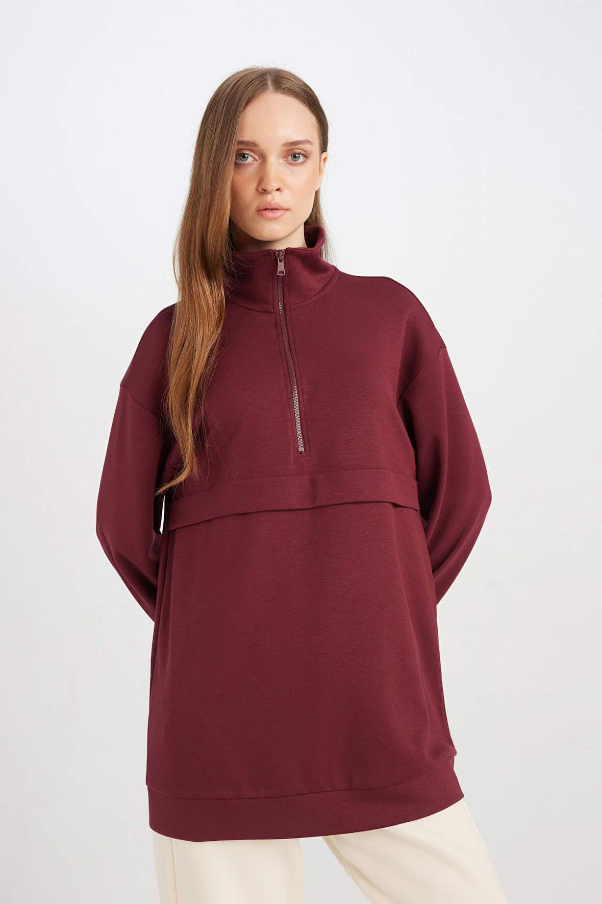 DeFacto Yarım Fermuarlı Dik Yaka Basic Düz Sweatshirt Tunik D1615AX24AUBR98