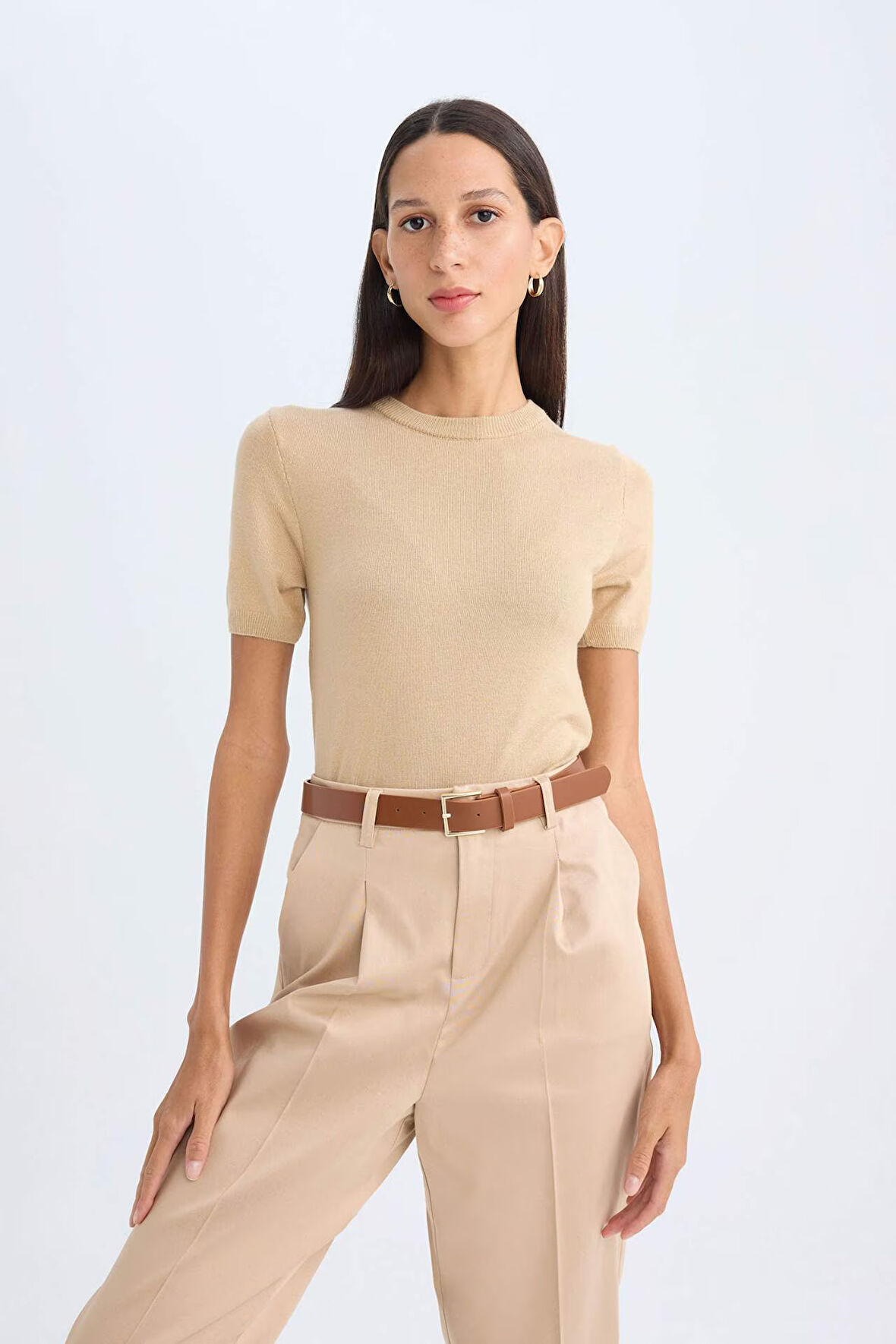 DeFacto Fitted Yumuşak Dokulu Bisiklet Yaka Kısa Kollu Triko Kazak A4737AX24AUBG269