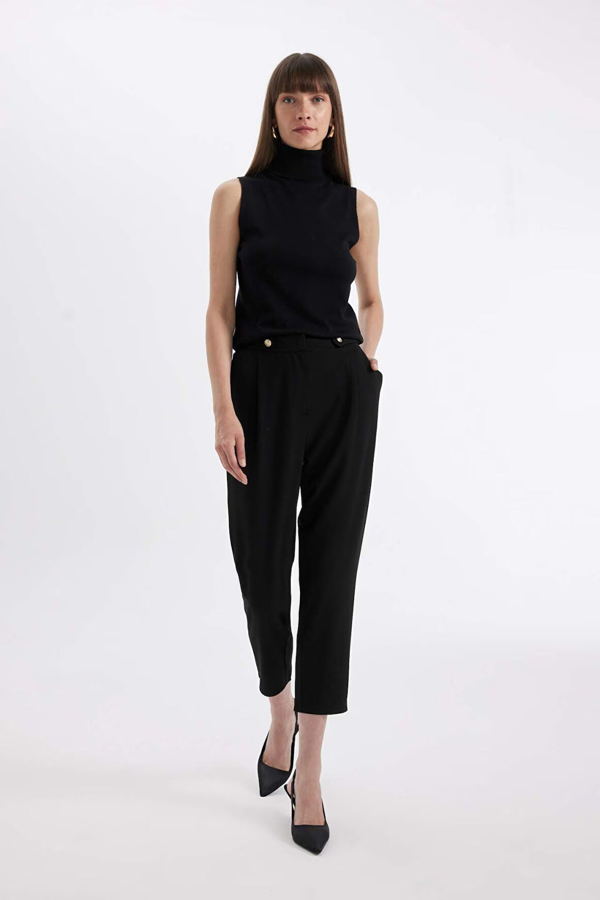 DeFacto Siyah Klasik Chino Kumaş Pantolon Carrot Fit Basic Düz Cepli Yüksek Bel D3892AX24AUBK81