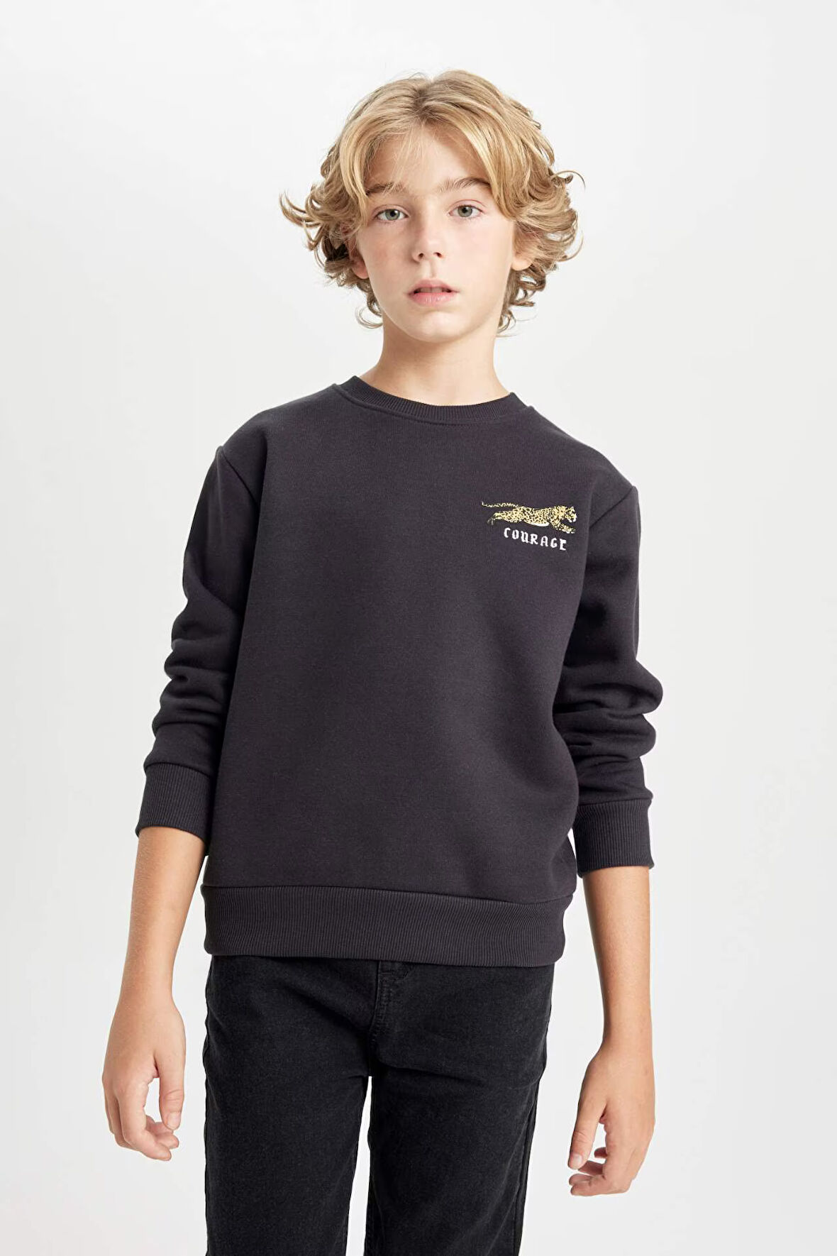 DeFacto Erkek Çocuk Baskılı Bisiklet Yaka Baskılı Kalın Siyah Sweatshirt D3091A824AUAR138