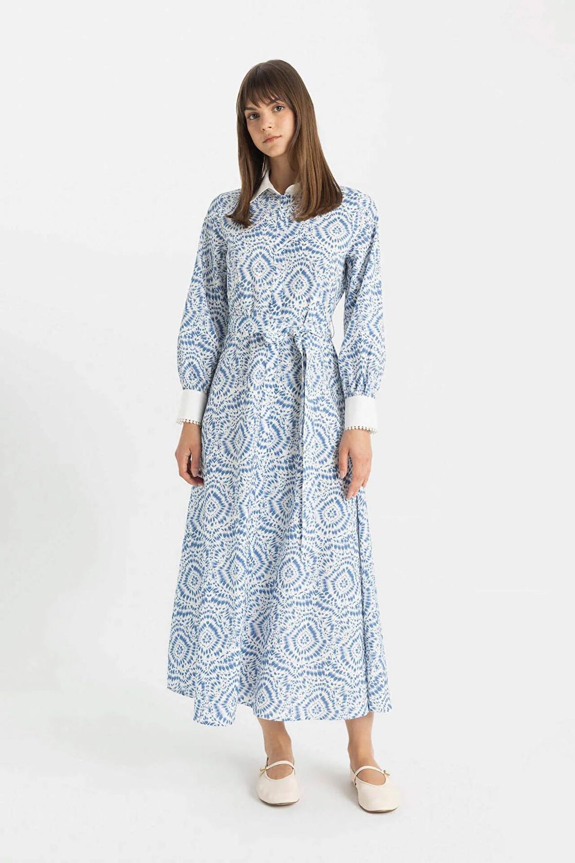 DeFacto Desenli Uzun Kollu Poplin Maxi Elbise C9719AX24HSBE695
