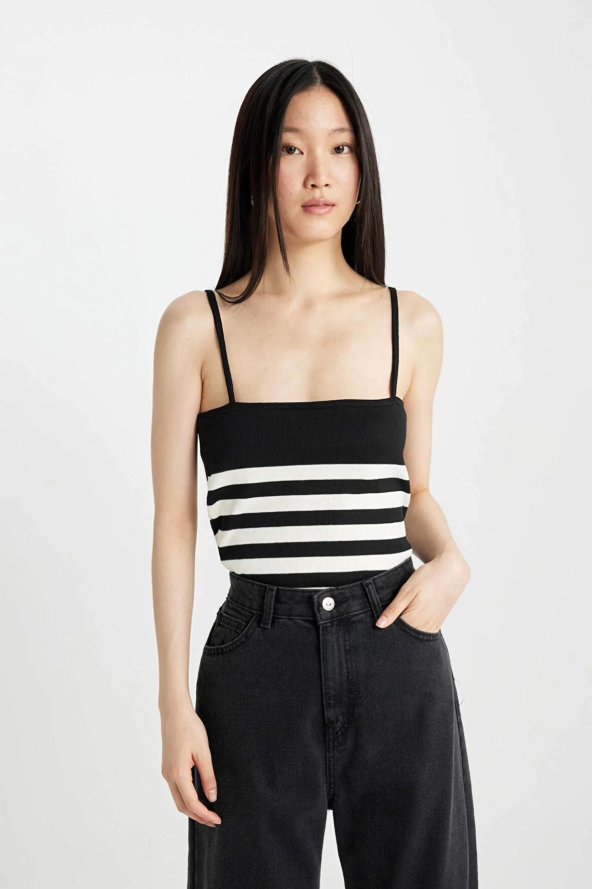 DeFacto Fitted Çizgili Askılı Triko Atlet D3103AX24SMBK27