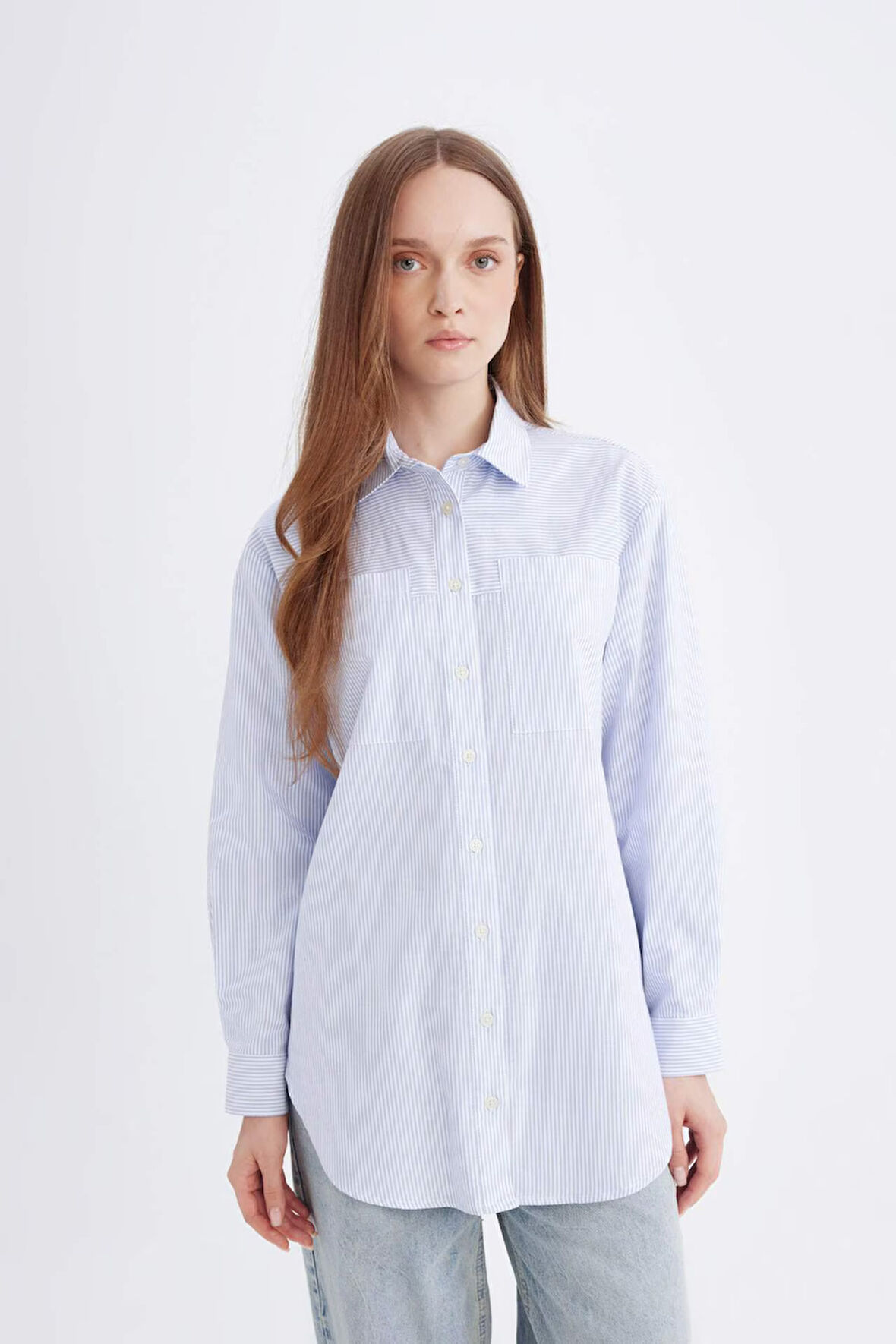 DeFacto Relax Fit Çizgili Poplin Uzun Kollu Gömlek Tunik B6879AX24AUWT34