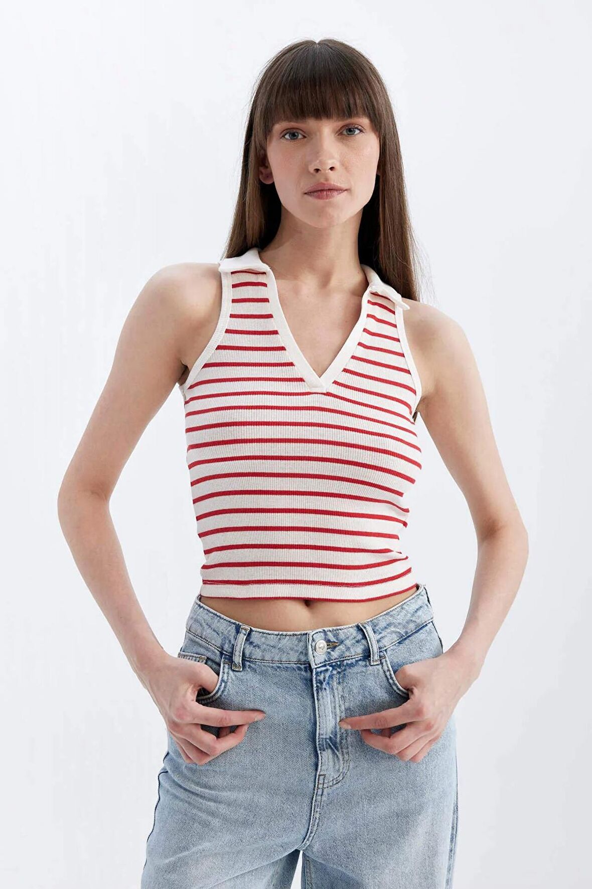 DeFacto Slim Fit Çizgili Polo Yaka Fitilli Kaşkorse Atlet D1355AX24SMRD59