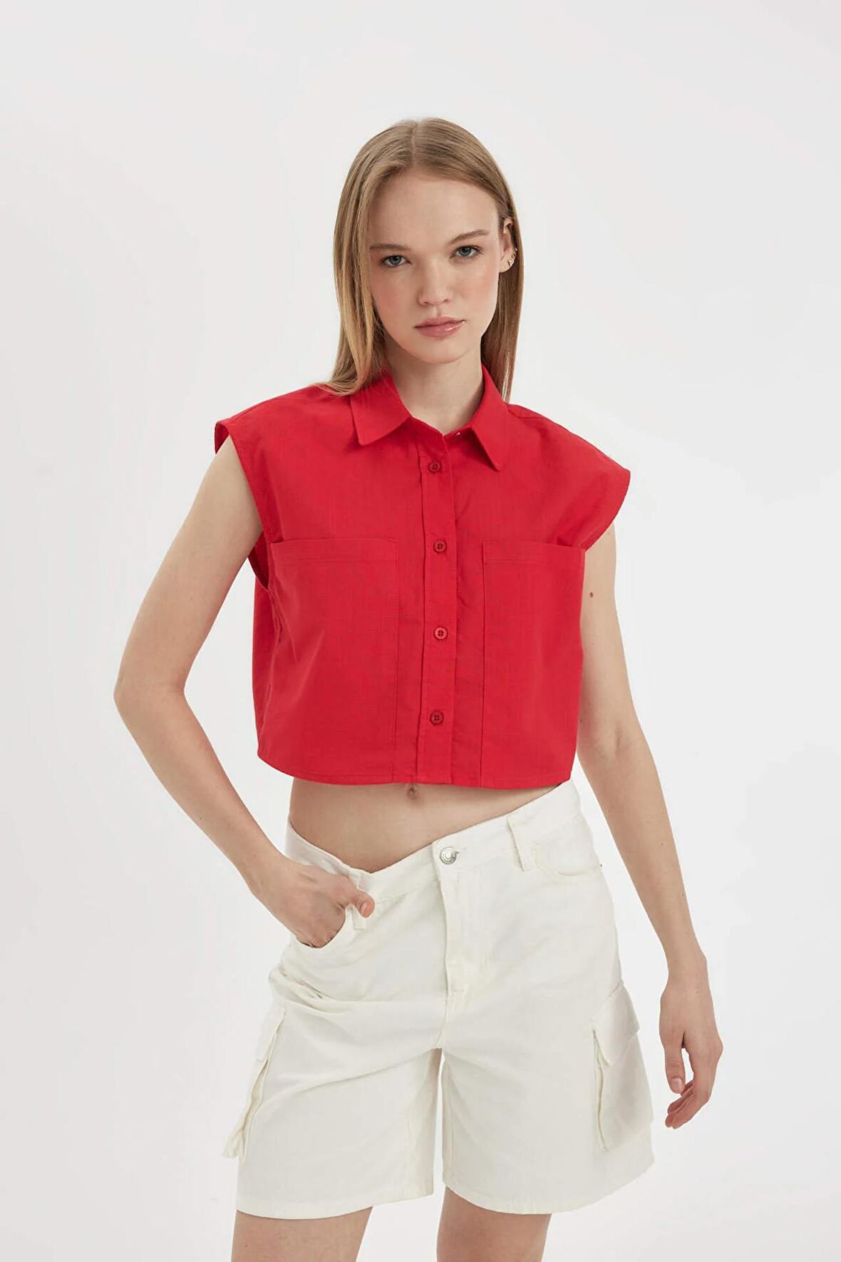 DeFacto Oversize Fit Flamlı Pamuk Kolsuz Gömlek D0358AX24SMRD59