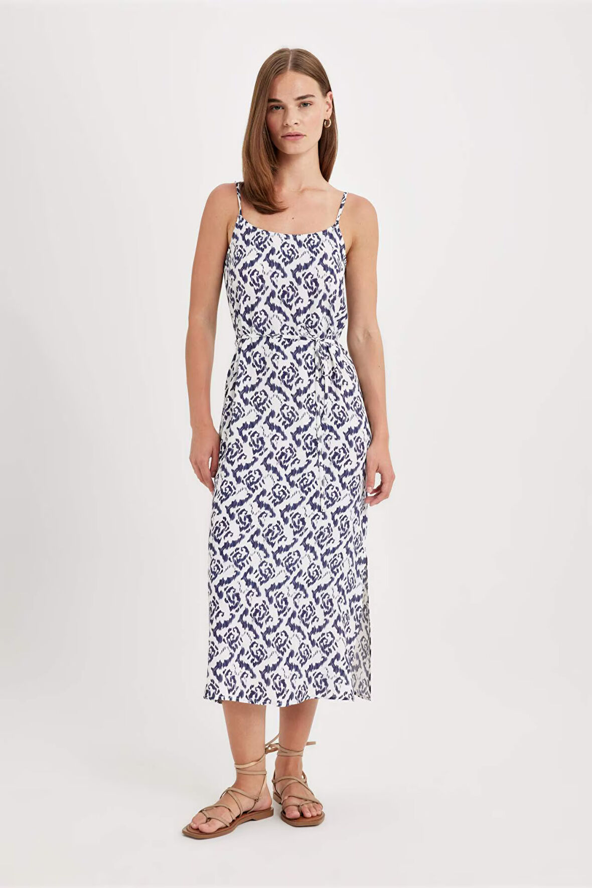 DeFacto Yuvarlak Yaka Desenli Maroken Askılı Midi Elbise D1793AX24HSER105