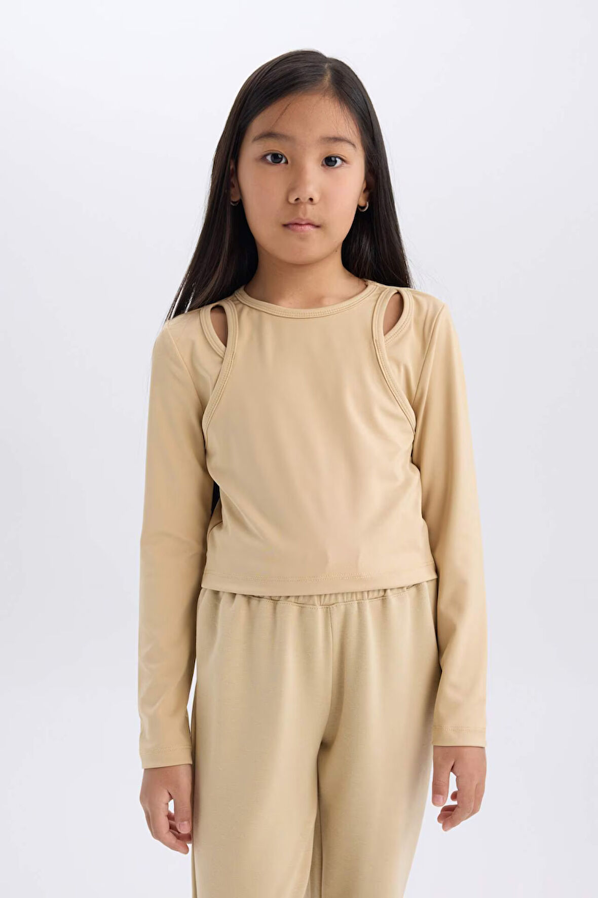 DeFacto Kız Çocuk Slim Fit Dar Kesim Bisiklet Yaka Fitilli Kaşkorse Uzun Kollu Tişört D9786A825SPBG203