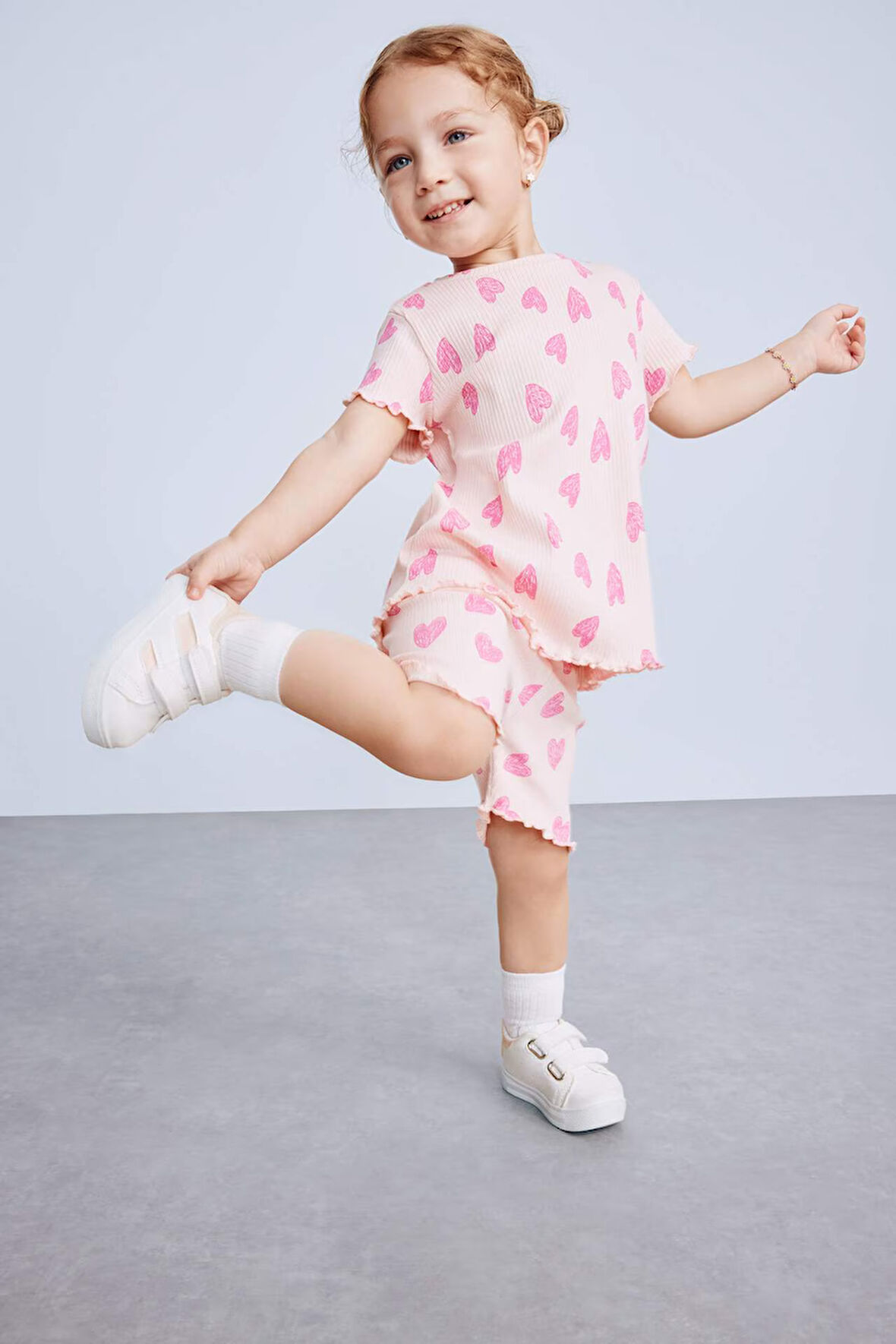 Kız Bebek 2'li Takım Desenli Fitilli Kaşkorse Kısa Kollu Tişört Şort