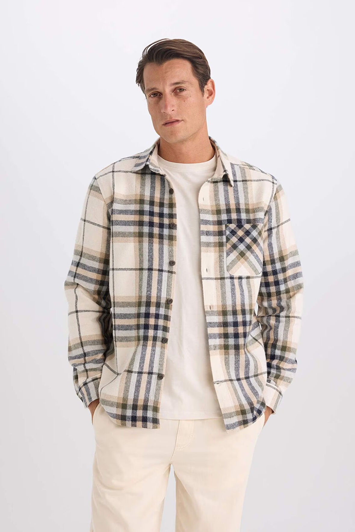 DeFacto Regular Fit Polo Yaka Kareli Flanel Uzun Kollu Gömlek E2763AX24WNBG193